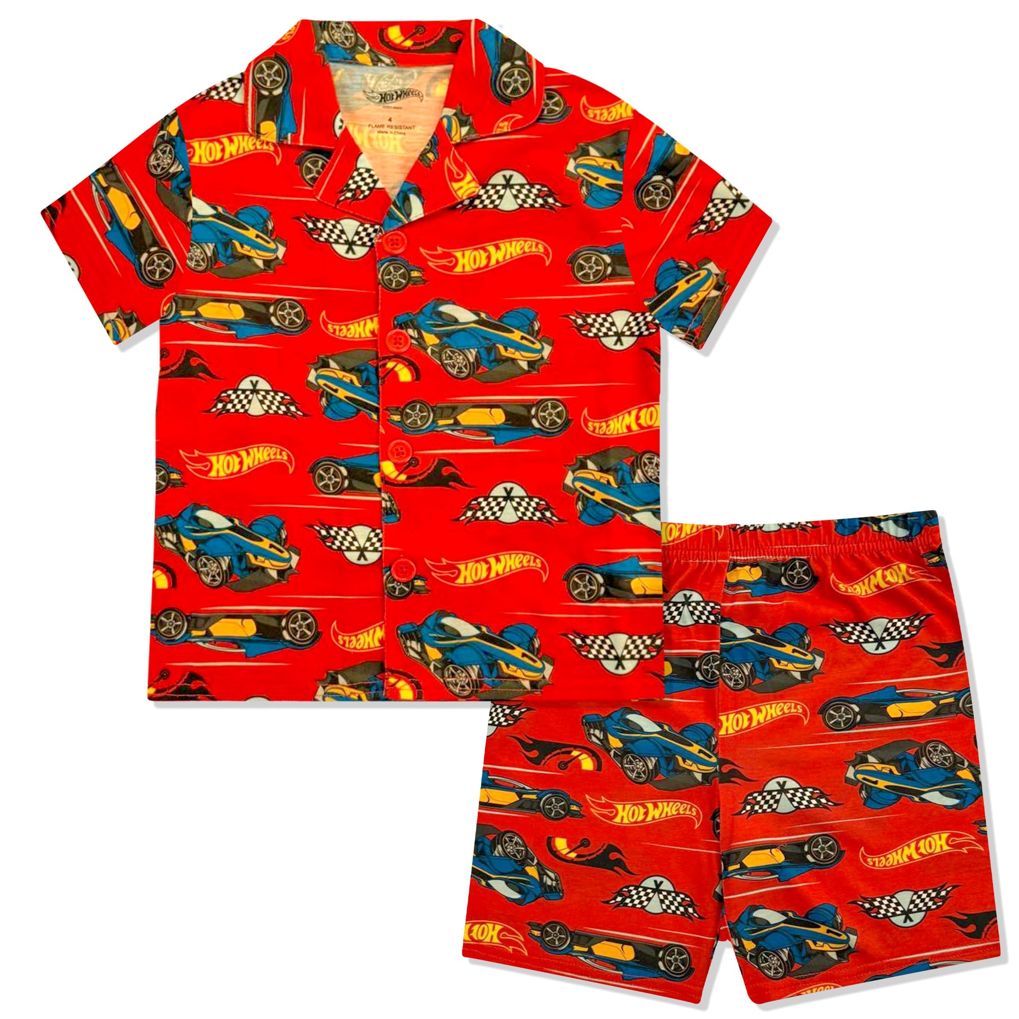 Hot Wheels Boy's Pajama Set - 2 Piece Boys Flannel Coat Style Short Matching PJs, Kids Button Down Pajamas - Official Product
