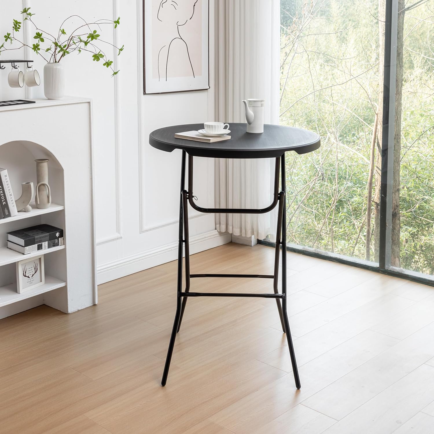 BTEXPERT Set of 5, 32" Round 43" Bar High Top Folding Table Commercial Portable for Drink Patio Banquet Card Plastic Coffee Dining Cocktail Wedding Party Event Home Kitchen Outdoor Black