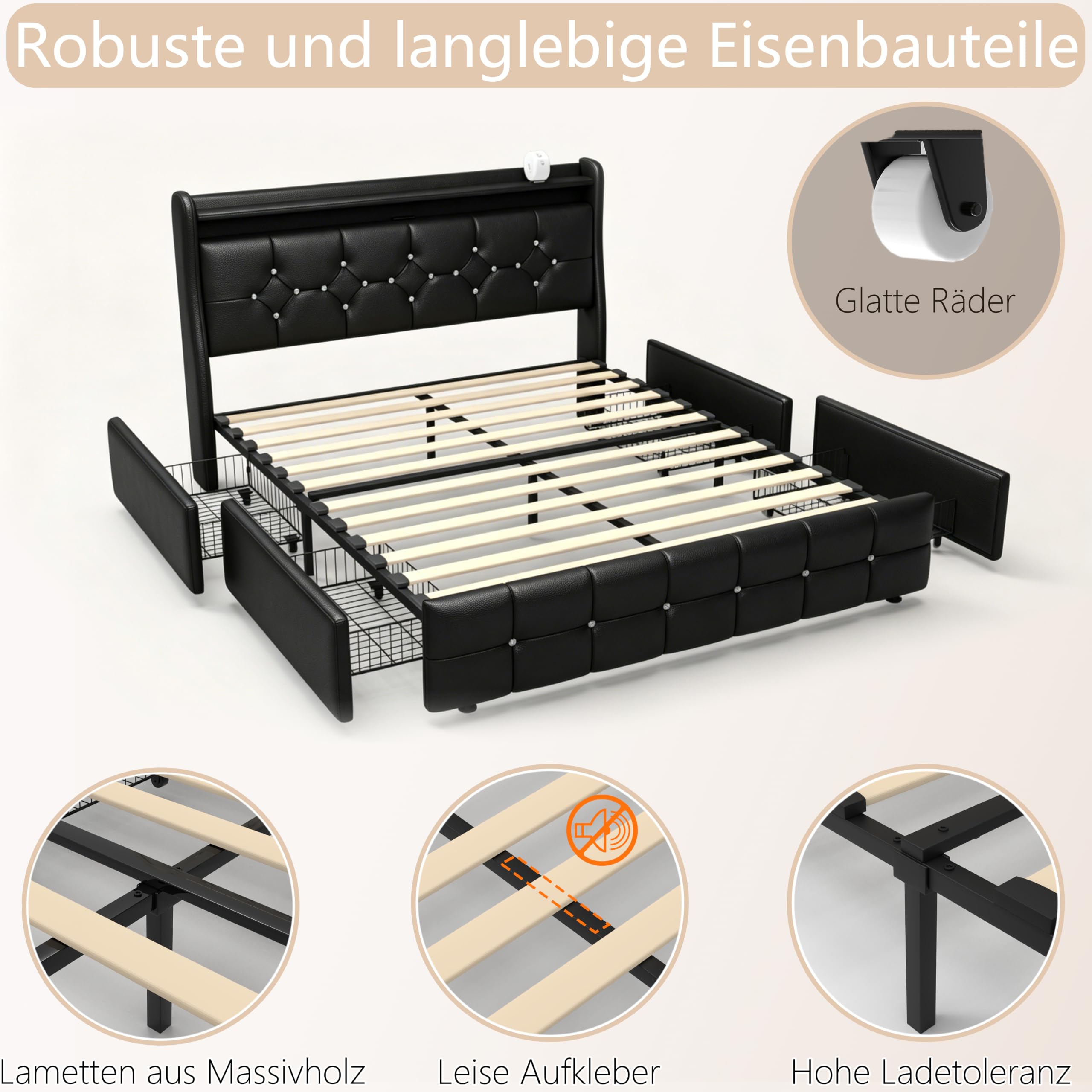 Schwarzer Bettrahmen mit Star-Projektor 160 x 200 cm, Leder | USB- & Type-C-Anschlüsse, gepolstertes Bett, Bluetooth-Star-Projektor, Lattenrost, Stauraum-Schubladen