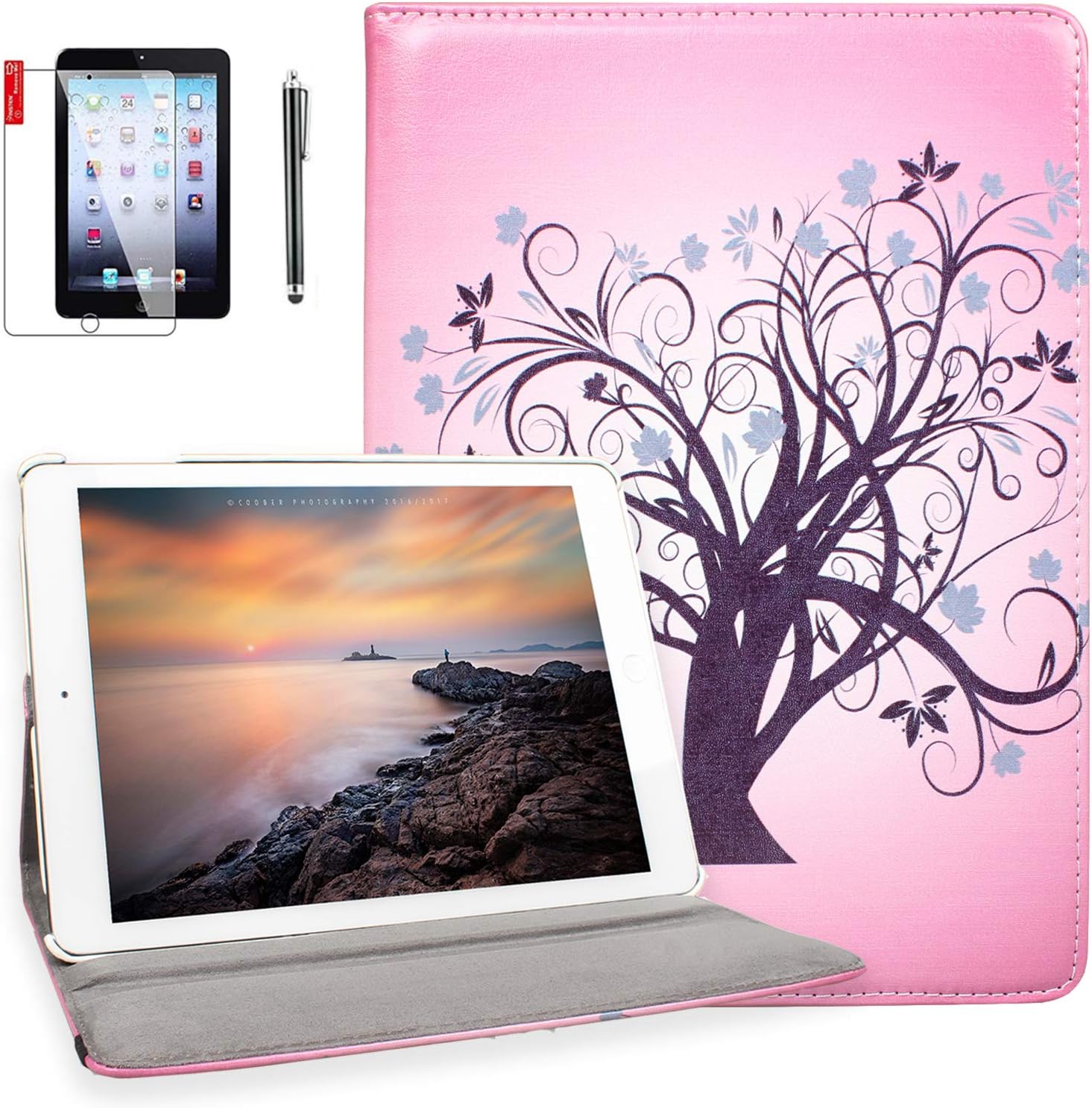 iPad 4th Generation Case with Screen Protector and Stylus - iPad 2nd 3rd 4th Generation Case Cover - 360 Degree Rotating Stand, Auto Sleep Wake, Shockproof, A1395 A1416 A1458 MD510LL/A (Miss Tree)