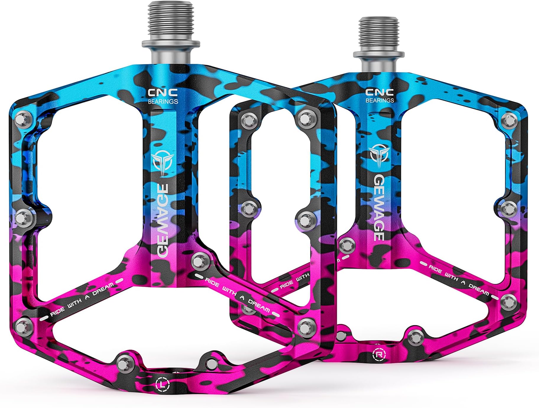 Road/Mountain Bike Pedals - 3 Bearings Bicycle Pedals - 9/16” CNC Machined Flat Pedals with Removable Anti-Skid Nails