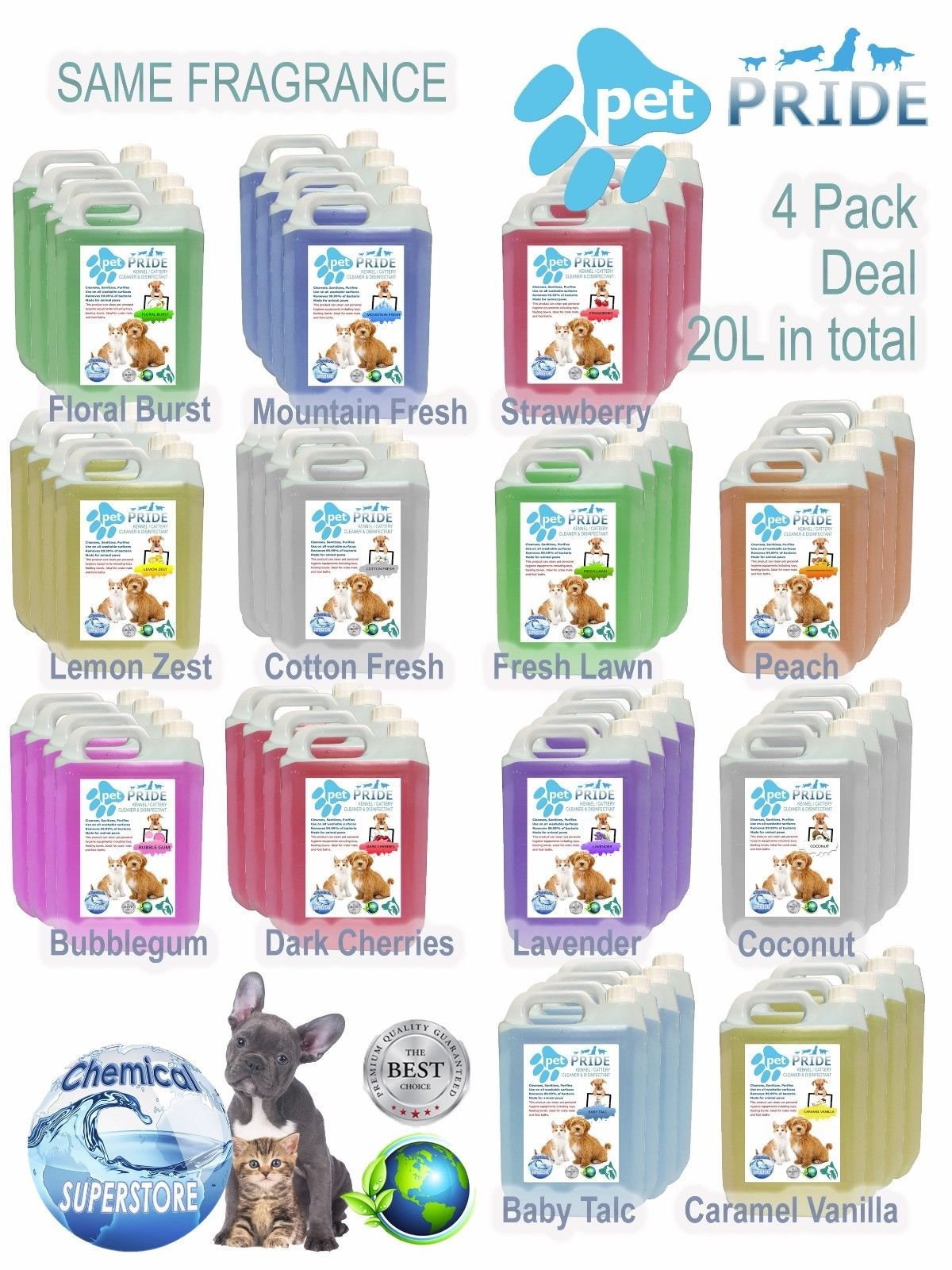 Chemical Superstore4 x 5L Pet Pride Kennel, Cattery Disinfectant, Cleaner, Deodoriser - VARIOUS (Deodoriser MOUNTAIN FRESH)