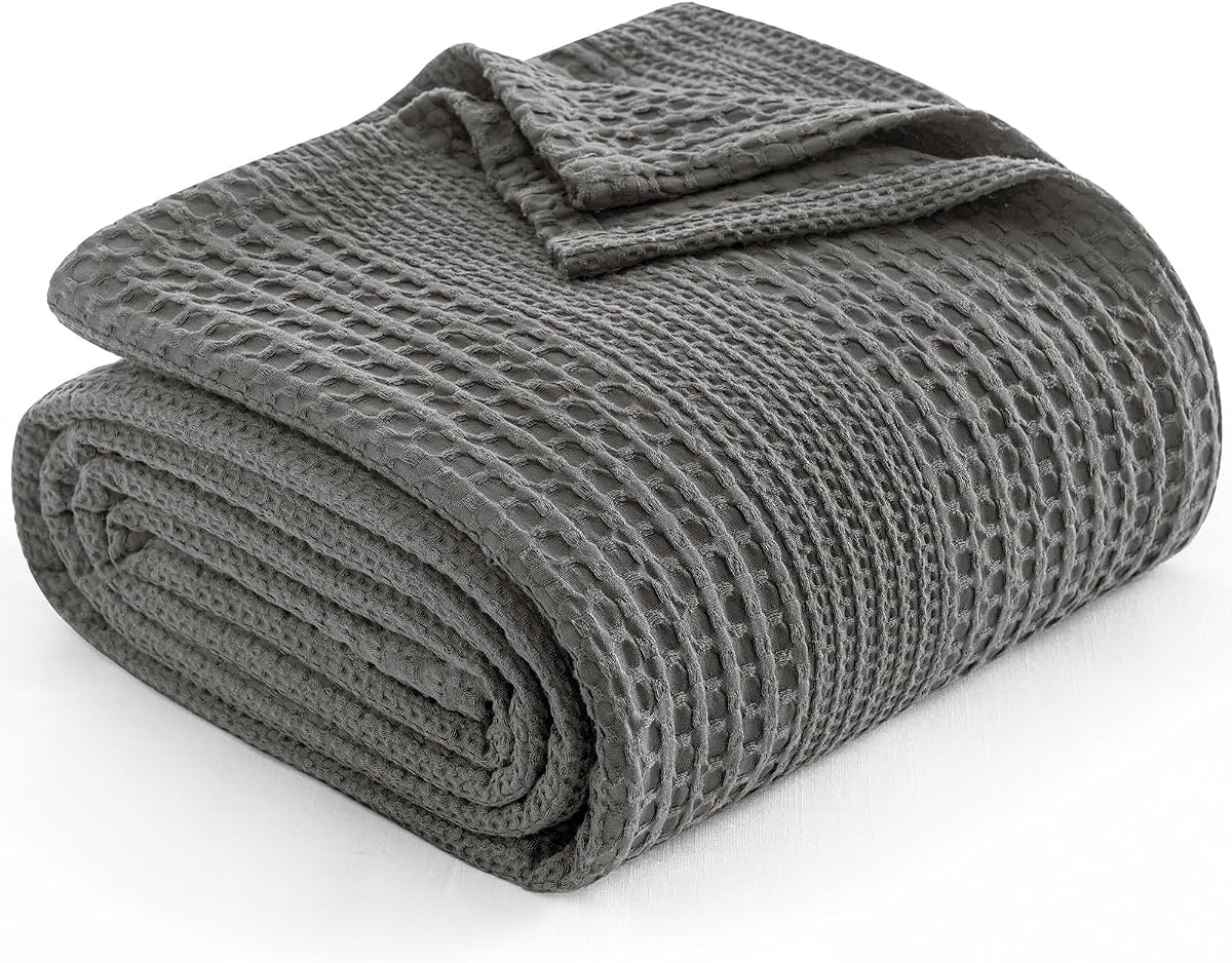 PHF Waffle Weave Throw Blanket 220 x 240 cm, King Size Lightweight Blanket, Breathable Ultra Soft Summer Blanket for Sofa & Bed, Cosy Thin Cooling Throw for Summer - Grey