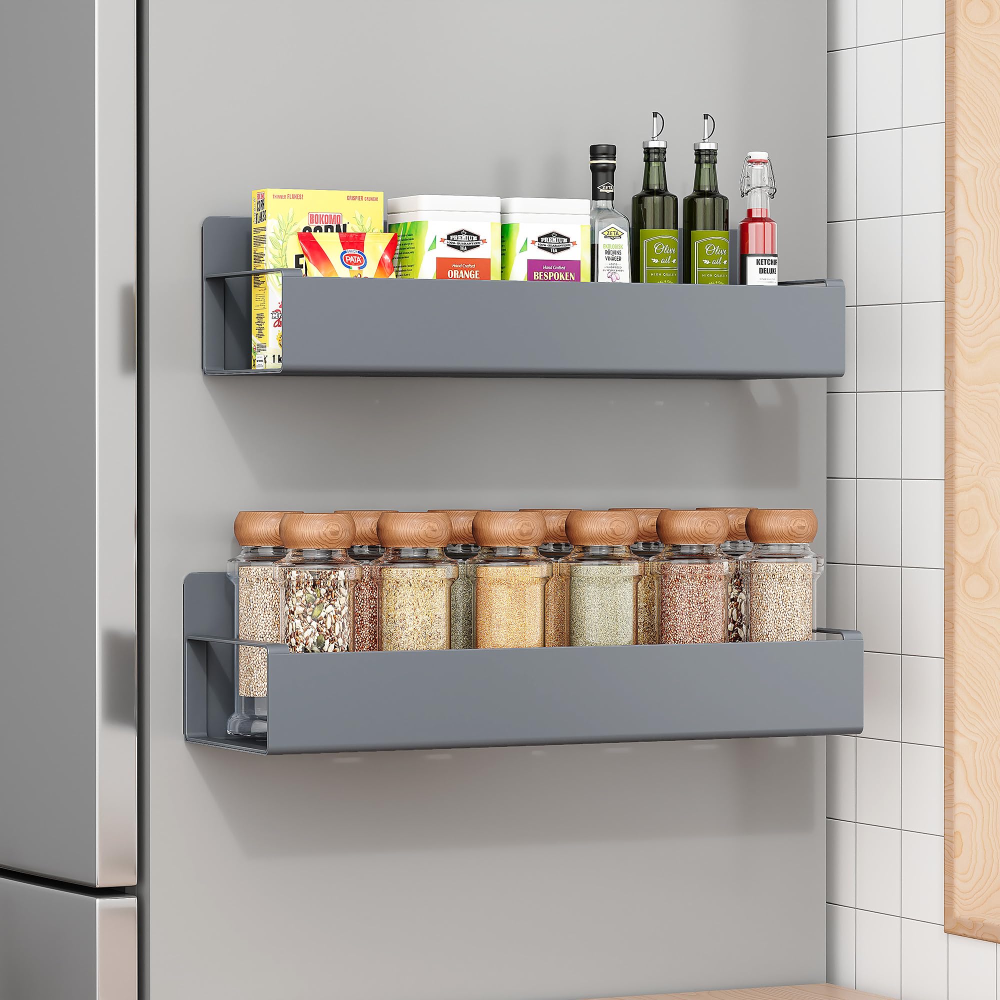 OrganizeMee Movable Kitchen Organizer Storage Spice Magnetic Rack, Decorate Your Fridge,Washing Machine & Microwave Oven with Magnetic Metal Fridge Side Rack 1 Year Warranty (Grey Set Of 1)