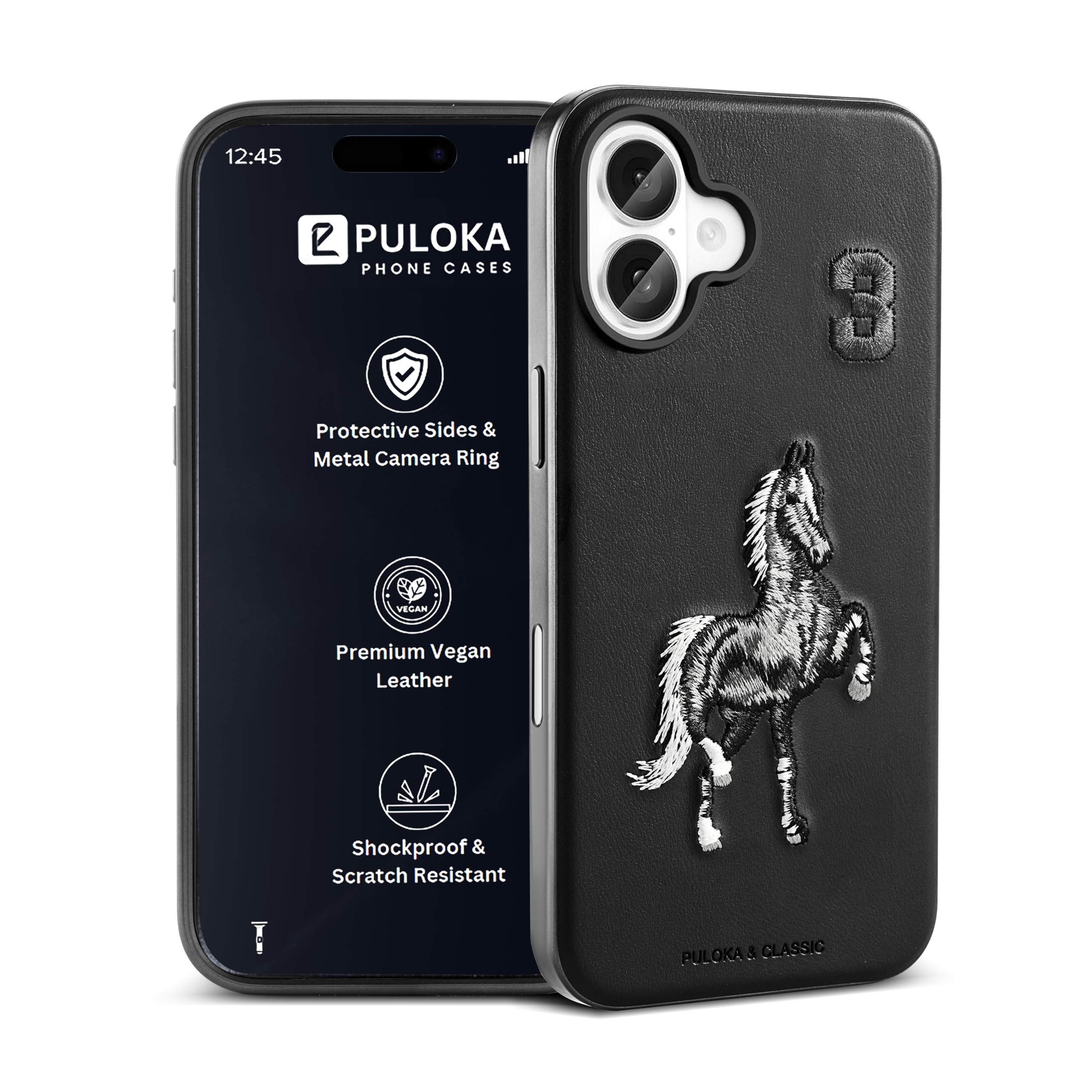 PULOKA Horse Embroidery Mobile Cover Compatible with iPhone 16 Sleek & Stylish - Protective & Anti Scratch Phone Cover Vegan Leather Back Case - Men & Women - Santa Barbara Polo (Black)