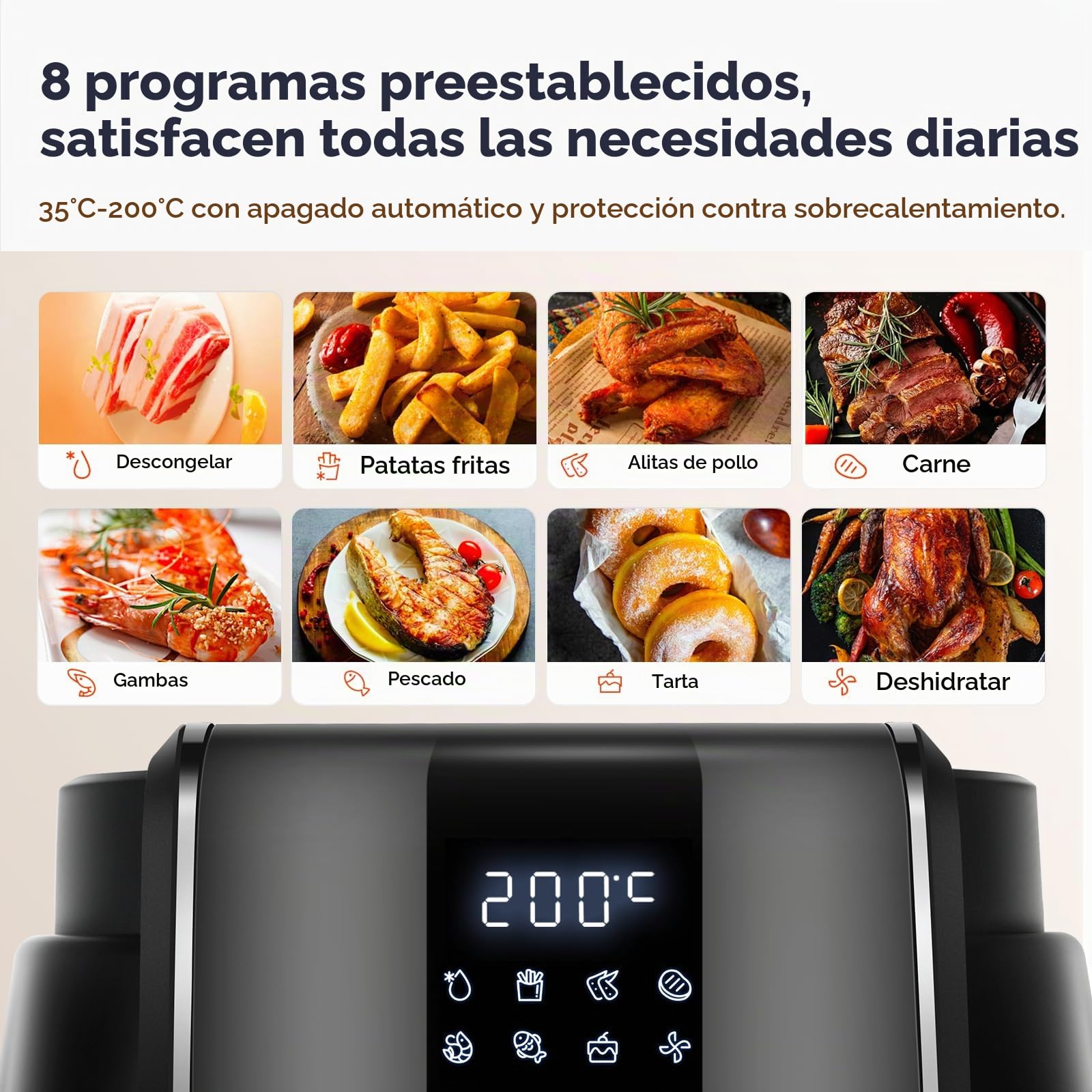 Freidora de aire caliente digital 1500W con 8 funciones preestablecidas, 3.5L, control de temperatura inteligente, negro