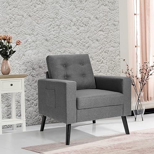 Miniatura 4 de KOMFOTT Silla decorativa tapizada moderna, con botones y patas de madera de goma, sofá individual con bolsillos laterales, sillón decorativo de tela