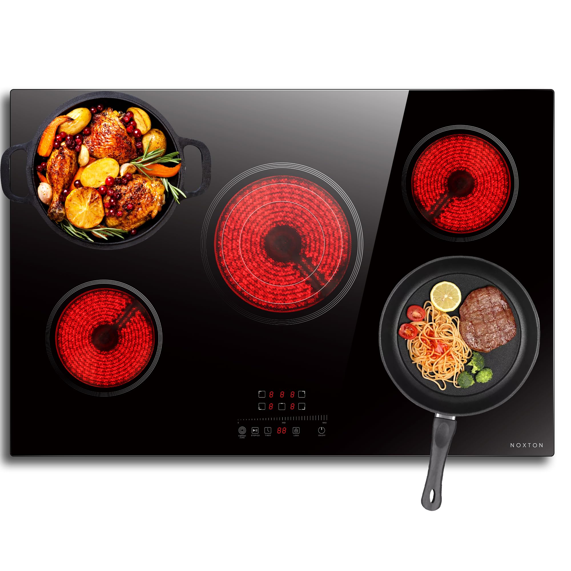 Noxton Electric Cooktop 30 Inch Electric Stove 5 Burners, Built-in Ceramic Cooktop, 9 Heating Level, Pause, Timer, Child Safety Lock, Triple Ring, 220V Hardwire