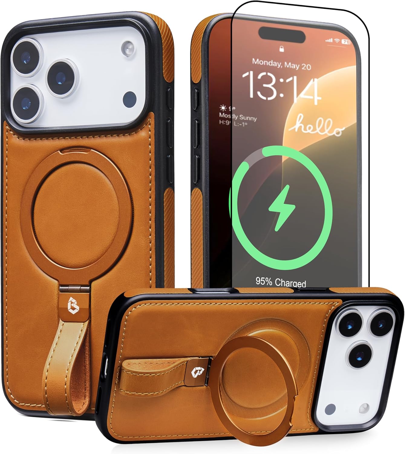 for iPhone 17 Pro Max Case Leather | iPhone 17 Pro Max Leather Case with Stand | Compatible with MagSafe with Magnetic Ring Grip Holder (Brown, IP17 Pro Max-6.9inch) IP17 Pro Max-6.9inch Brown