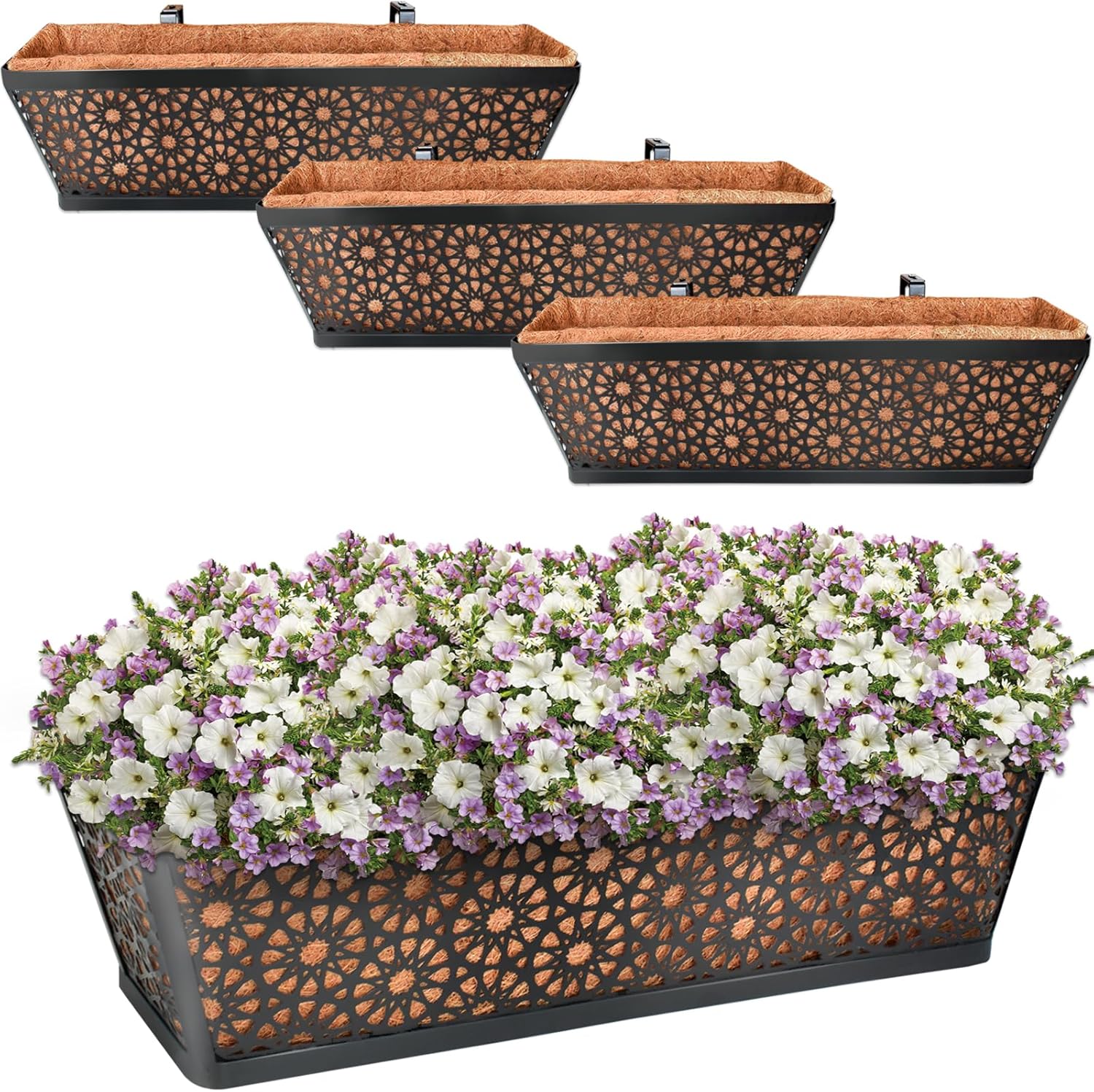 Halatool 4PCS 24 Inch Window Box with Coco Liner Sturdy Metal Railing Planter with Coco Coir Basket Liners for Window Deck Fence Porch and Patio Outdoor Indoor Lawn