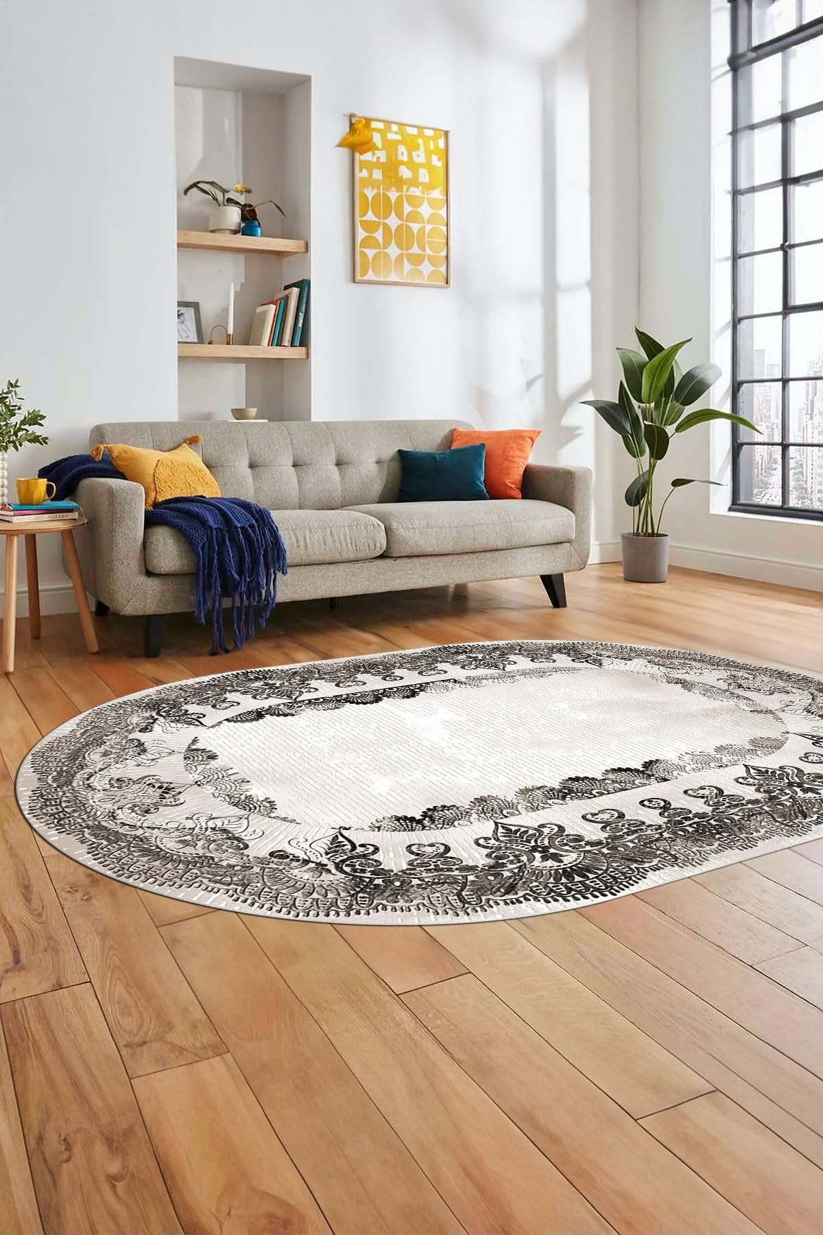 Evdeya Baskılı Kaymaz Yıkanabilir Renkli Klasik Desen Oval Yolluk Salon Halısı O-KLASİK-08, Vizon, 40 x 60