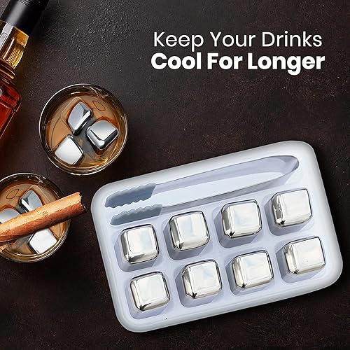 Miniatura 6 de Juego de regalo de piedras de whisky para hombres y mujeres, 8 cubos de hielo de whisky de acero inoxidable con pinzas de hielo, rocas refrescantes