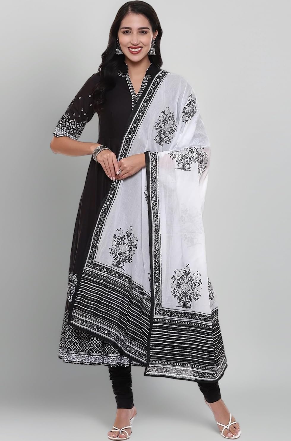 BIBA Women Cotton Anarkali Printed Kurta Churidar Suit Set