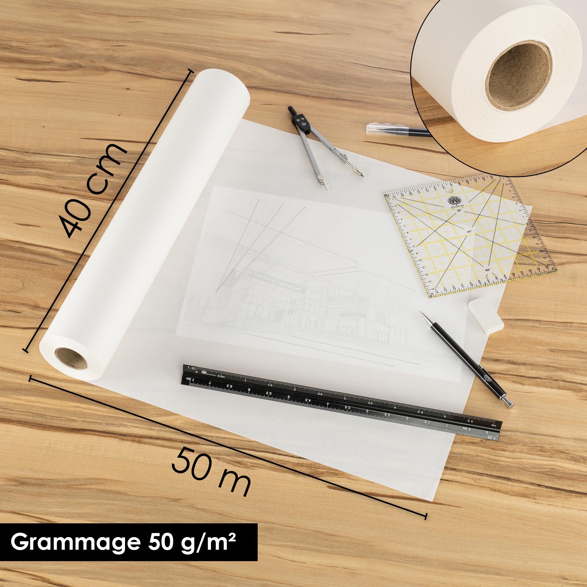 Rouleau Papier Dessin OfficeTree 50m X 40cm - 50g/m² - Pour Patron Couture, Calque, Peinture Enfant