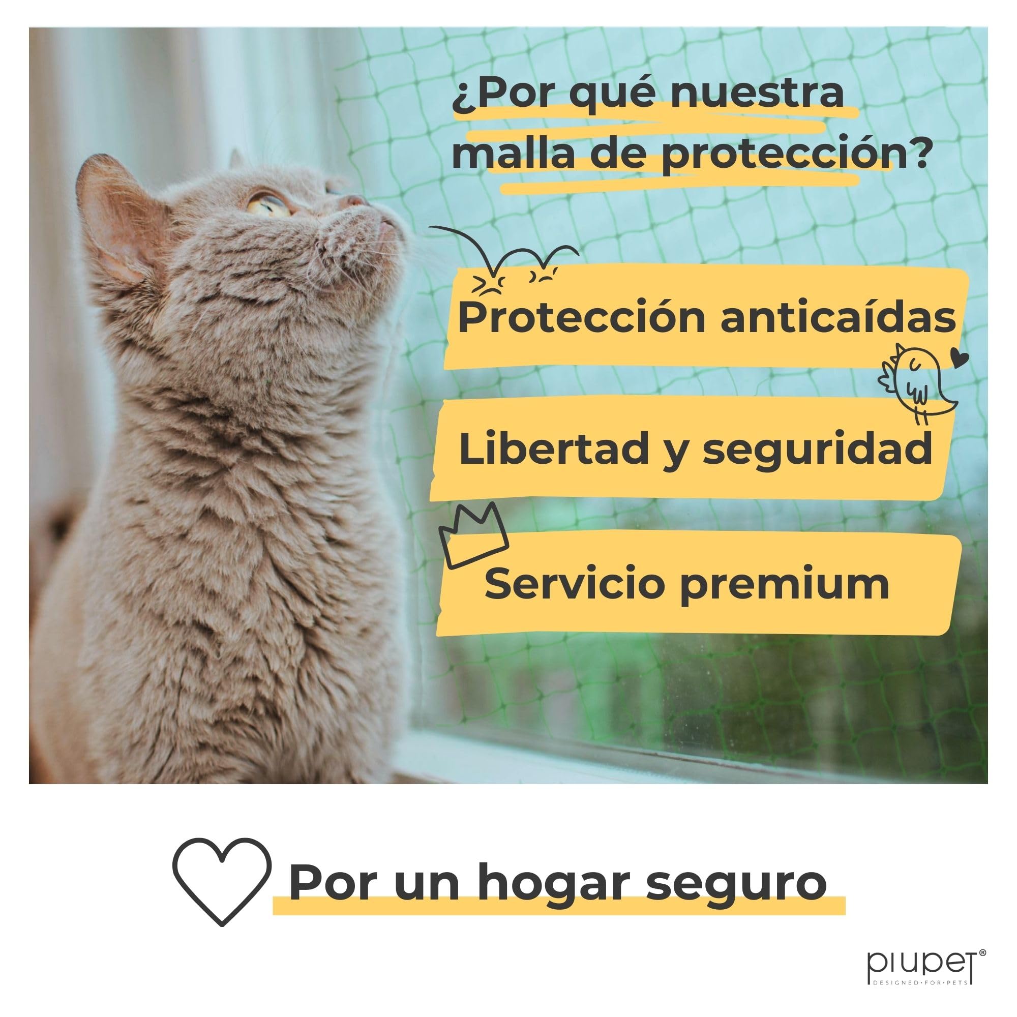 PiuPet - Red para gatos reforzada con alambre de hierro I, 4 x 3 m, color verde I kit de fijación incluido I red para gatos para balcón | Rejilla para gatos