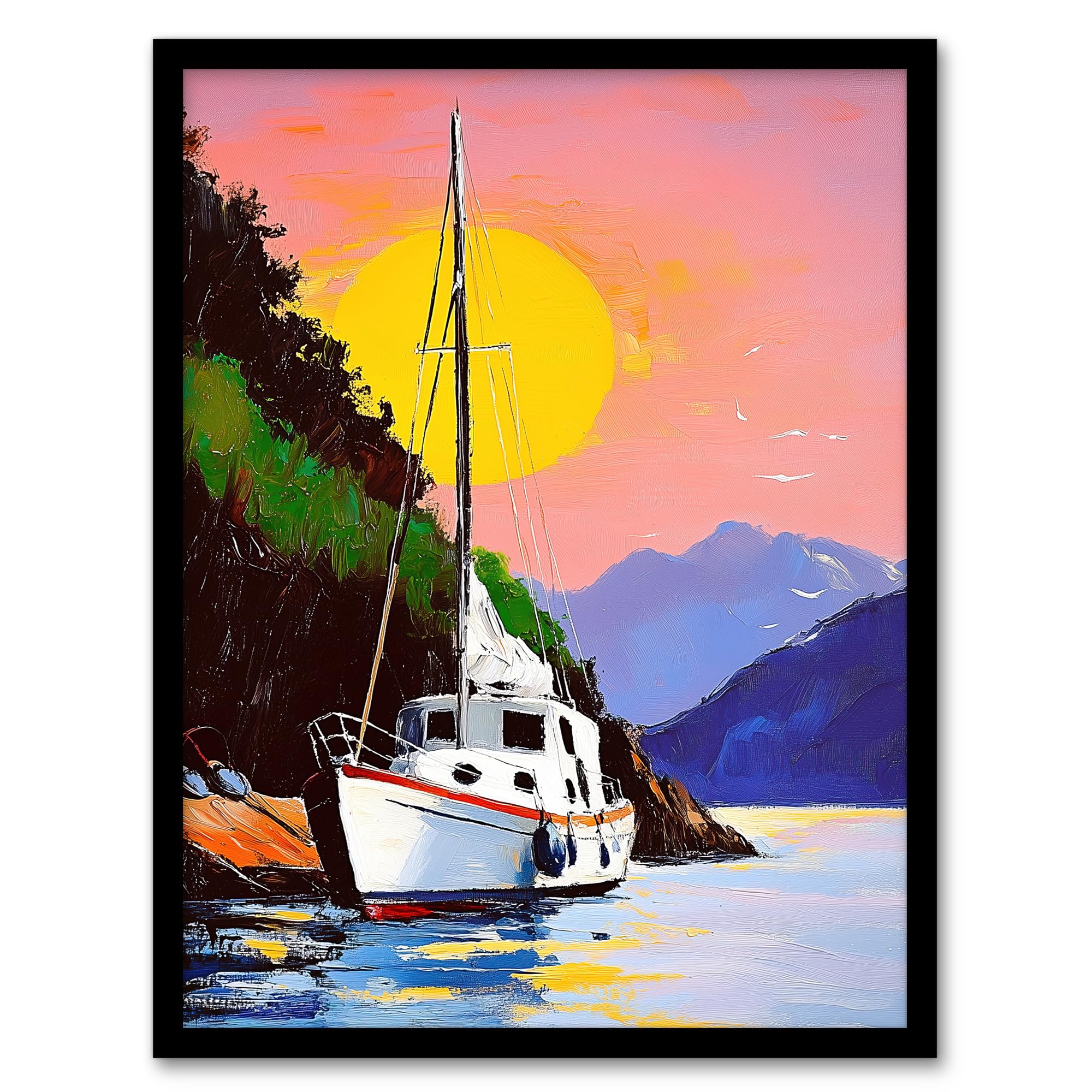 Artery8 Harbour Sunset Docked Sailboat Coastal Landscape Bathroom Toilet Artwork Framed Wall Art Print A4