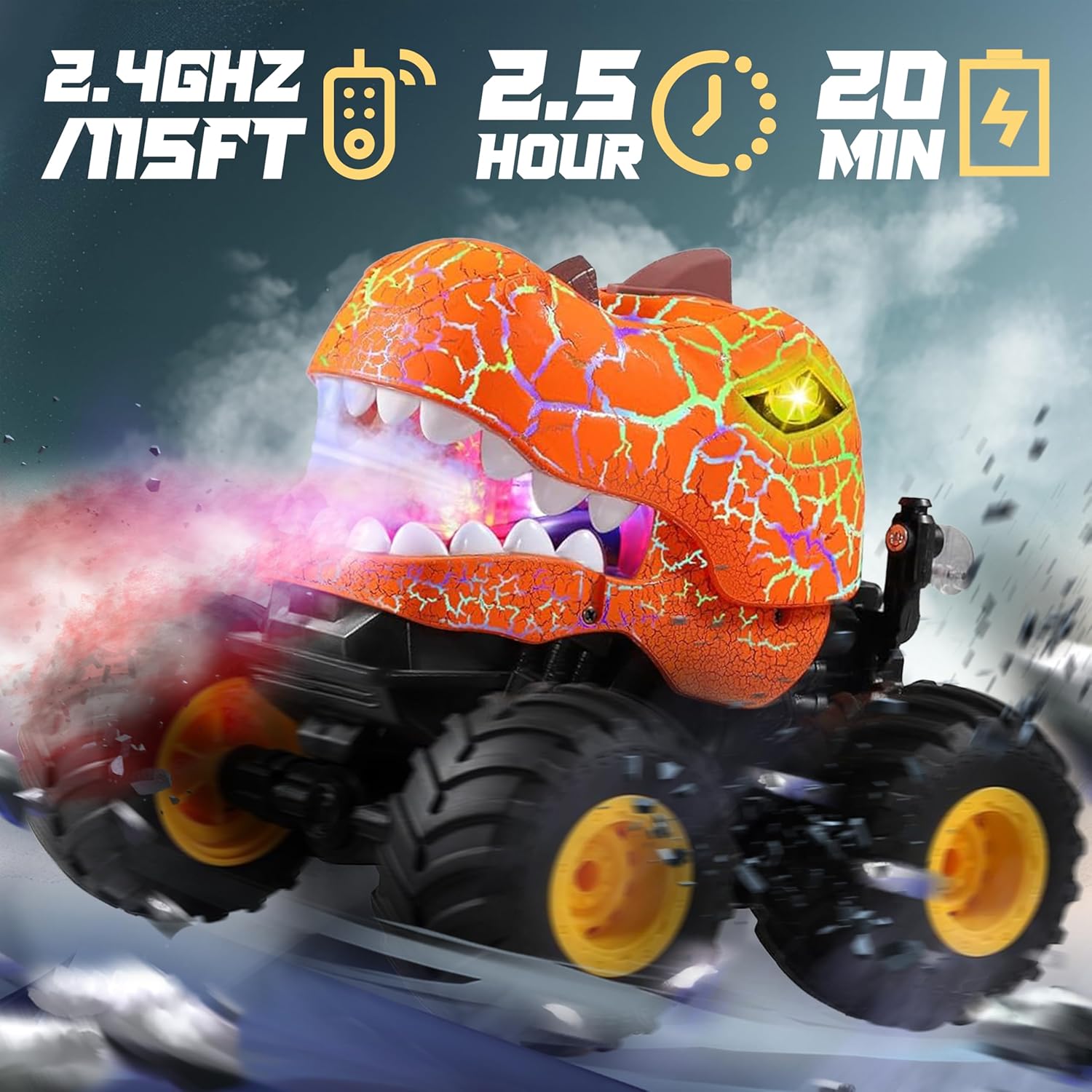 BEZGAR Monster Truck Toys - Remote Control Monster Truck with Spray, Light, Music, Dinosaur Toys for Kids, 1:20 Scale RC Truck with 360° Spins and Drifting, Remote Control Car for Boys 4-7 Orange - Image 2