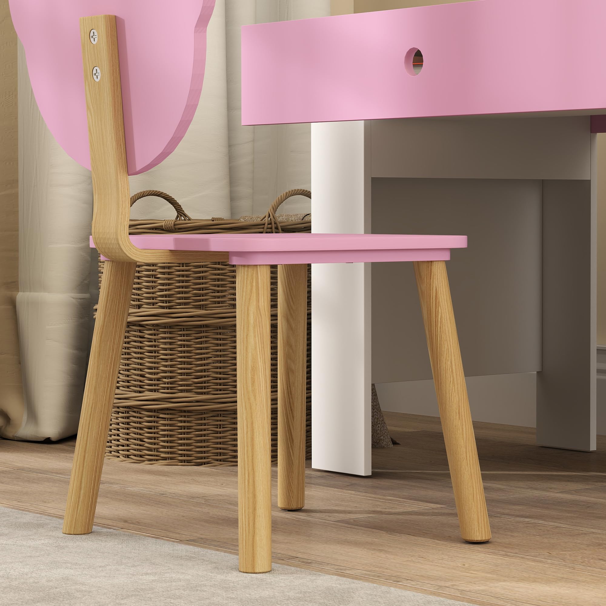 AIYAPLAY Set Scrivania per Bambini con Sedia, Tavolo da Studio con Cassetto, Schienale a Forma di Orsetto, Età 3-8 Anni, Rosa