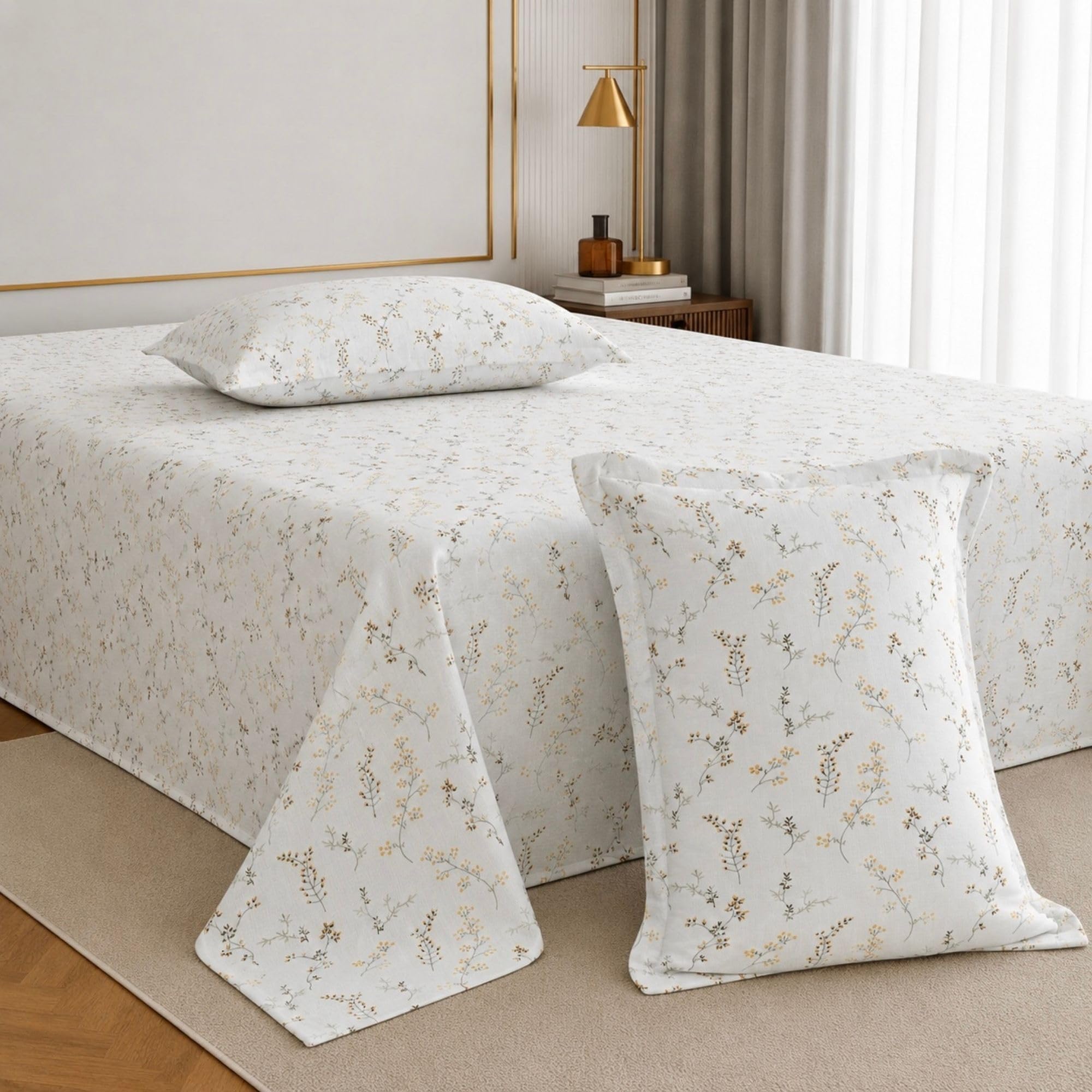 Jaipur Weaves Double Bed Cotton Bedsheet Queen Size 90x108, 100% Pure Cotton Bed Sheet with 2 Pillow Covers, 240 TC Soft Breathable Floral Design – (Spring Tulips Yellow)