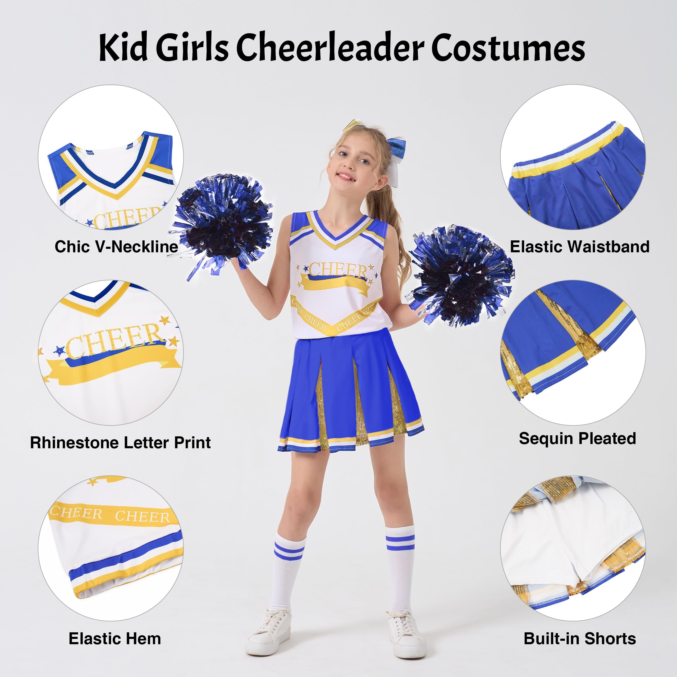 LOLANTA Disfraz de Animadora para Niñas,Traje Animadora con Pompones, Disfraces Cheerleader Halloween para Niñas, 5-13 años