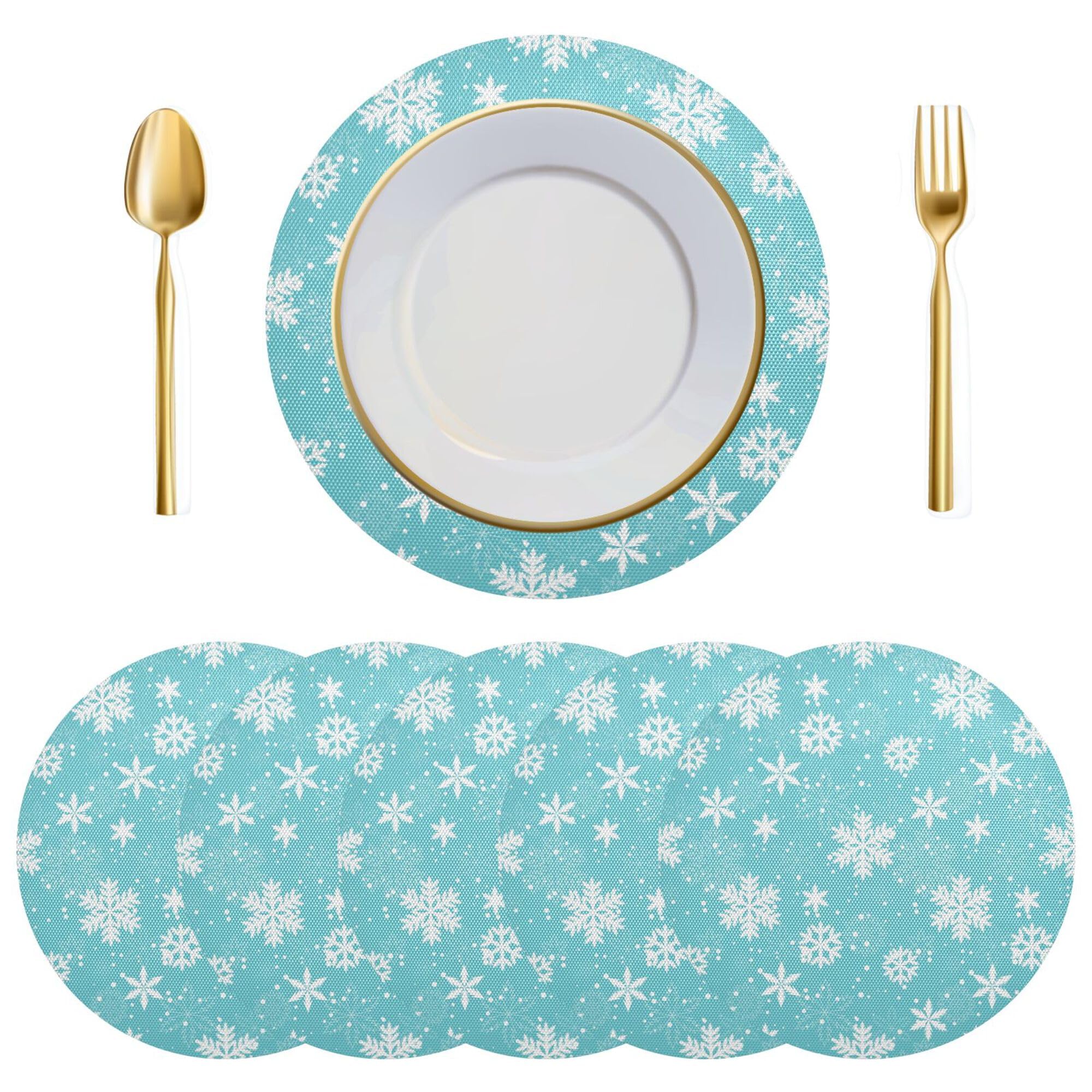 Round Placemats Set of 6, White Snowflakes on Blue Placemats Heat Resistant Table Mats for Dining Table Xmas Decorations Ornaments Holiday Home Party
