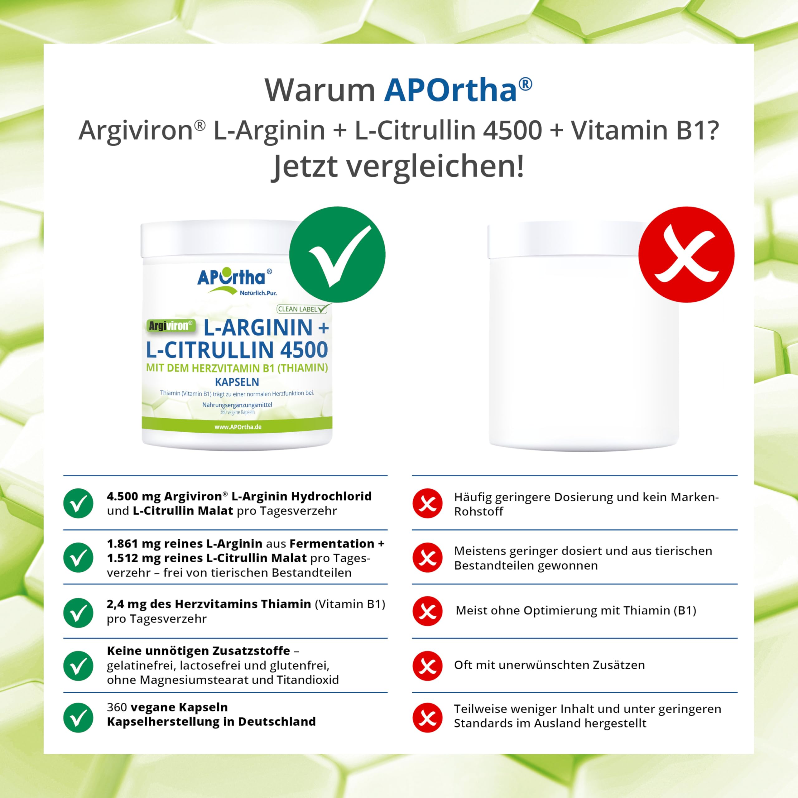APOrtha® Argiviron® L-Arginin + L-Citrullin 4500 hochdosiert + Herzvitamin Vitamin B1, 360 vegane Kapseln, Hochdosiert im Verhältnis von 1,6 zu 1 von L-Arginin zu L-Citrullin, allergenfrei