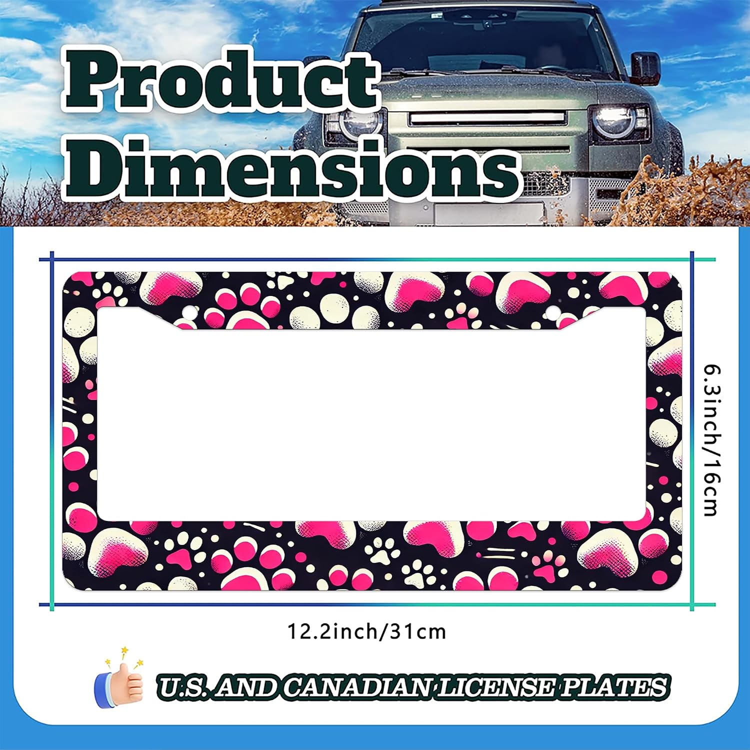 Cute Pink Dog Paw Print License Plate Frame Aluminum Pet Car Tag Cover 1Pcs image 2
