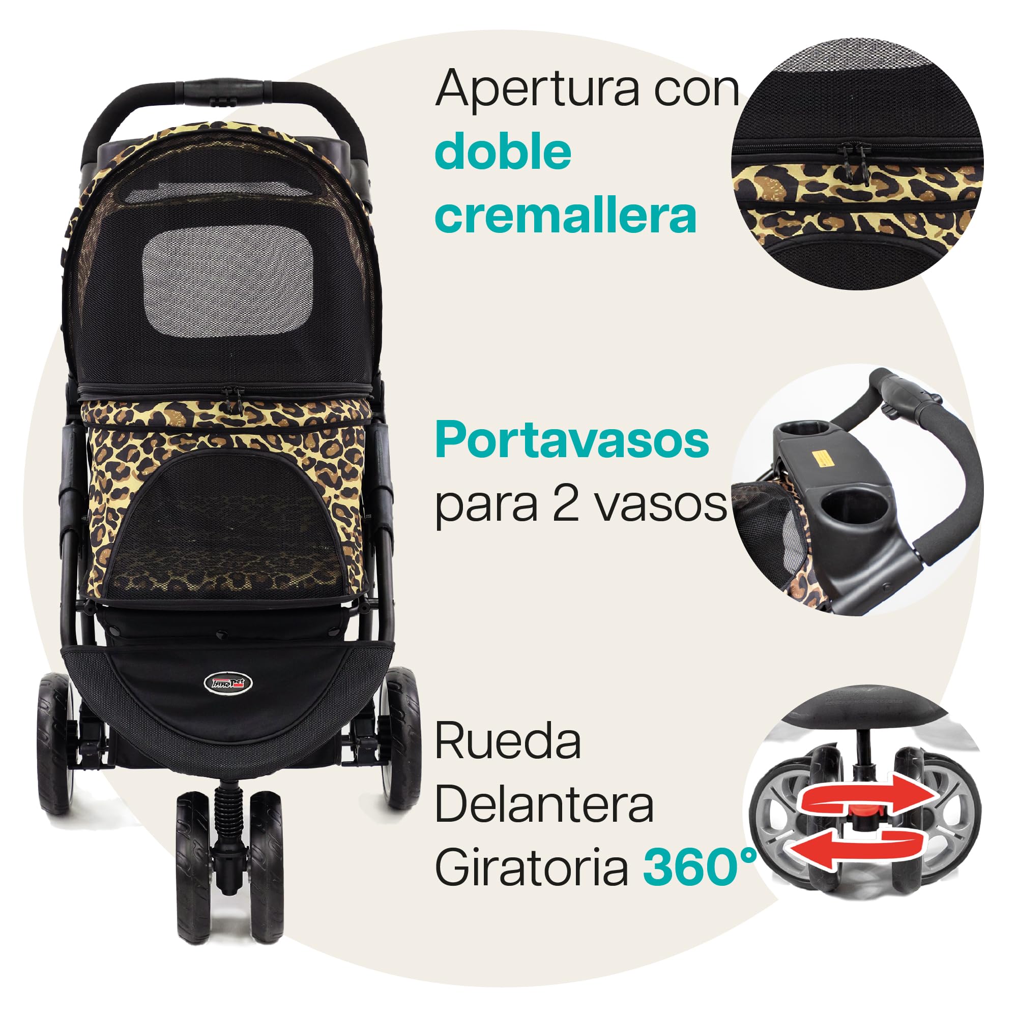 Innopet Carrito Allure Cheetah - Cochecito con estampado de leopardo, ruedas antipinchazos, plegado rápido, hasta 20kg, con cesta y 2 correas de seguridad