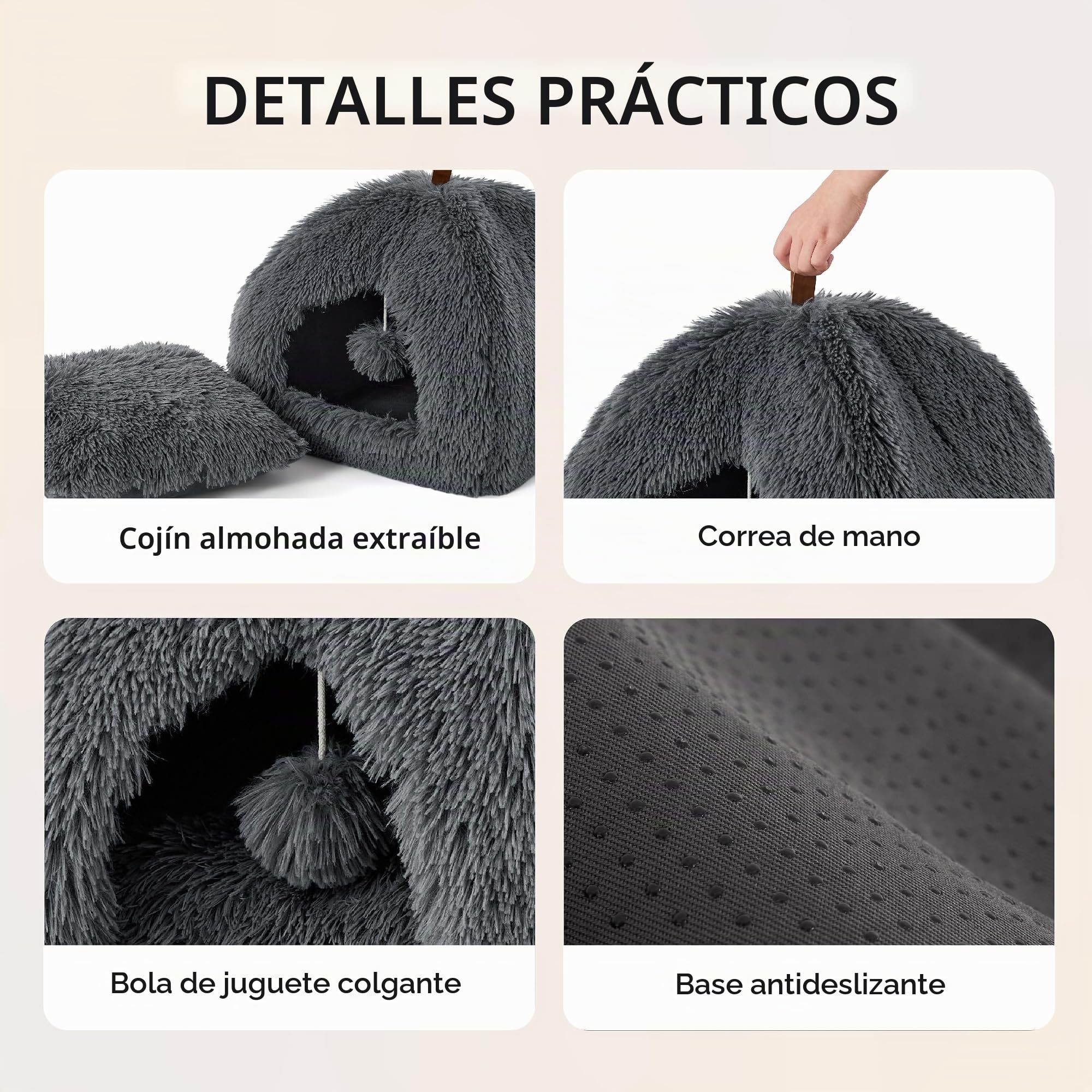 Bedsure Cama Cueva Gato Iglú - Casa Gato Esponjosa, 40x40cm | Cojín Extraíble Lavable, Cama Mascota Plegable Portátil, Peluche Suave, Gris Oscuro