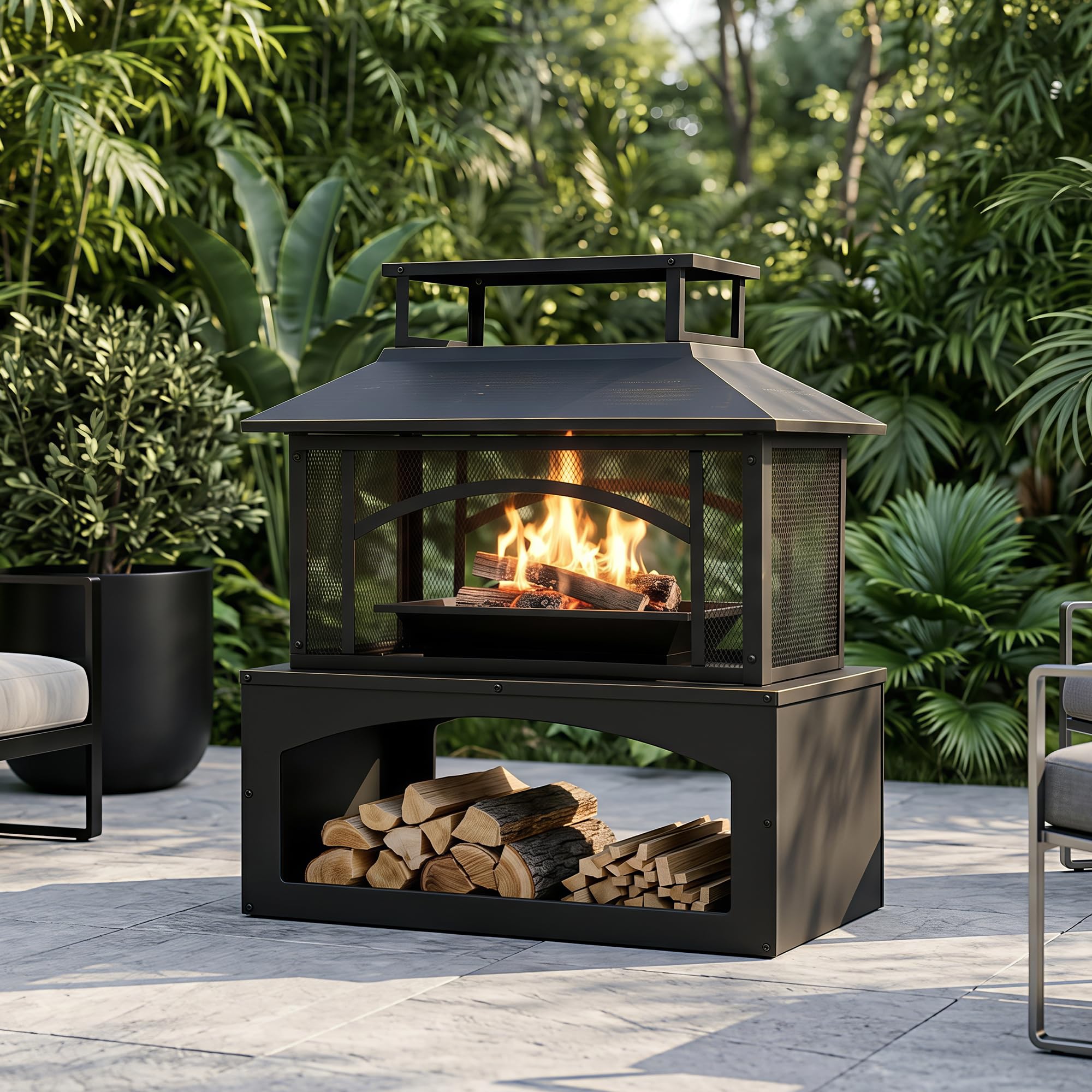 Aoxun 61cm Feuerschale für den Außenbereich mit Holzfach, Stahlkamin mit Funkenschutzgitter und Schürhaken, Terrassenheizung mit herausnehmbarer Ascheschale für Garten und Terrasse