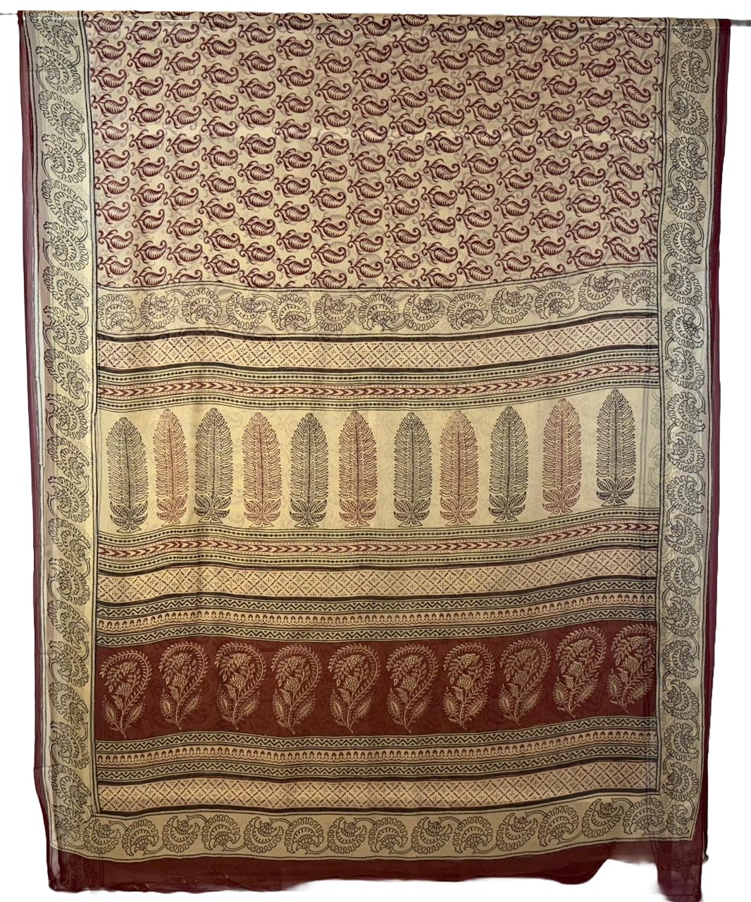 ratnam's designer boutique Ratnam's Natural Mulberry Silk Chiffon Saree – Traditional Handwoven | Natural dye | Bagh hand block Printed | Mehroon Black & Beige | Repeating Floral Design | Printed by National Awardee-picture-26