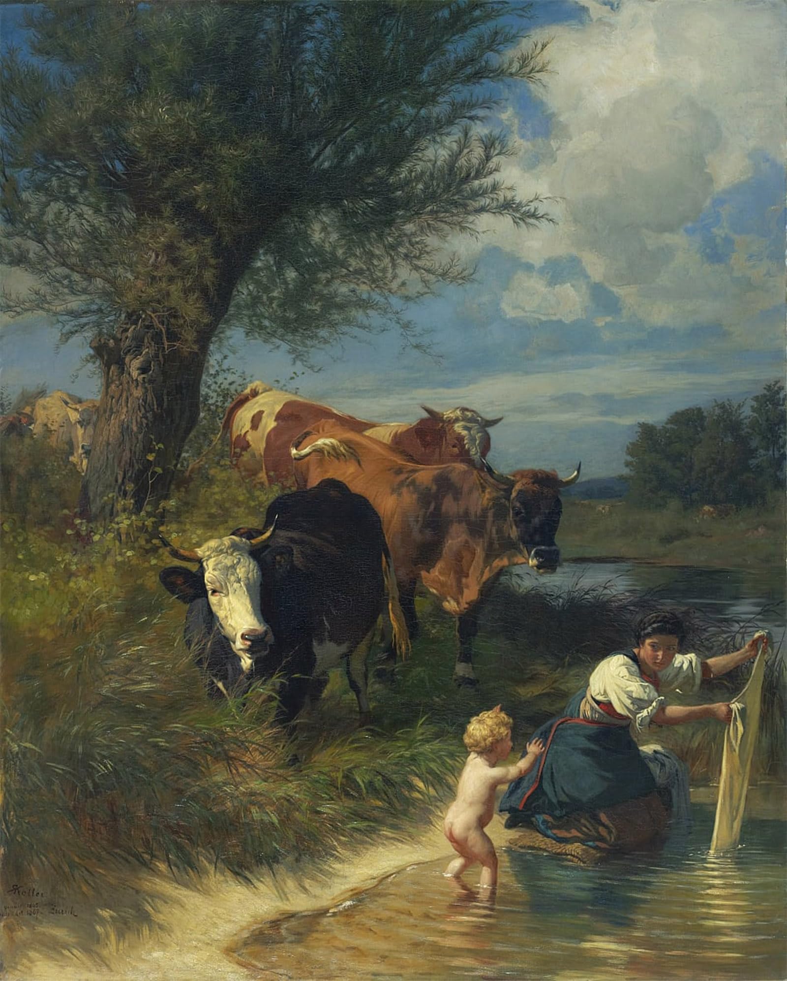POSTERIIk Famous Animal Posters Vintage Picture Cows and Washerwoman At the Creek by Rudolf Koller Modern Wall Decor for Home Decor 60x90cm