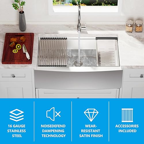 Miniatura 18 de Fregadero de granja de 33 x 22 pulgadas de acero inoxidable negro con delantal frontal de un solo cuenco de 10 pulgadas de profundidad con estación