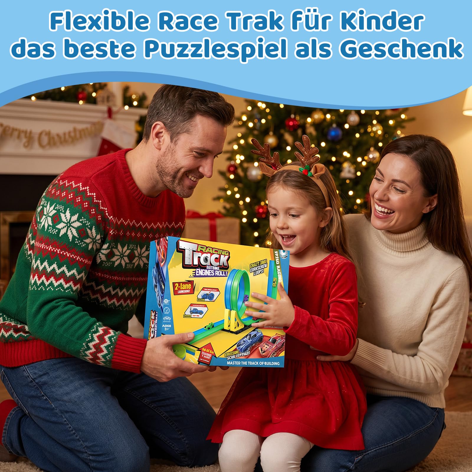 Flexible Autorennbahn Kinder 4.5M, Doppelspur Rennstrecke Tragbare Rennbahn mit 4 Autos,Rennwagen Auto Rennspiel Spielzeug Indoor Outdoor,Geschenke für Jungen Mädchen ab 3 Jahren (Blau&Grün)