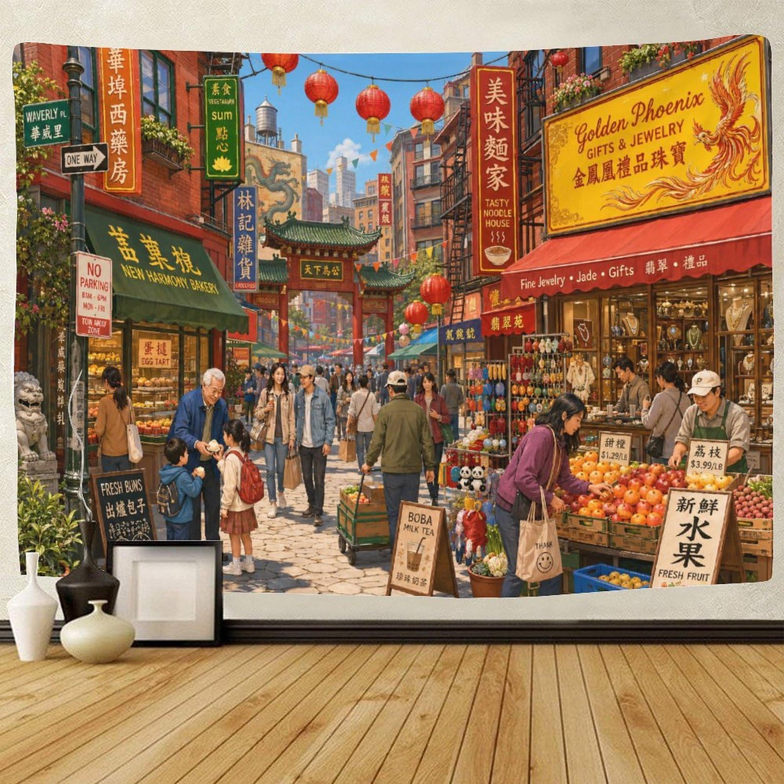 GPMNBCXZK Vintage Chinatown Street Tapestry for Bedroom Wall Hanging Decor 3D Print Tapestries Poster Home Decoration Living Room College Dorm 100cmx150cm