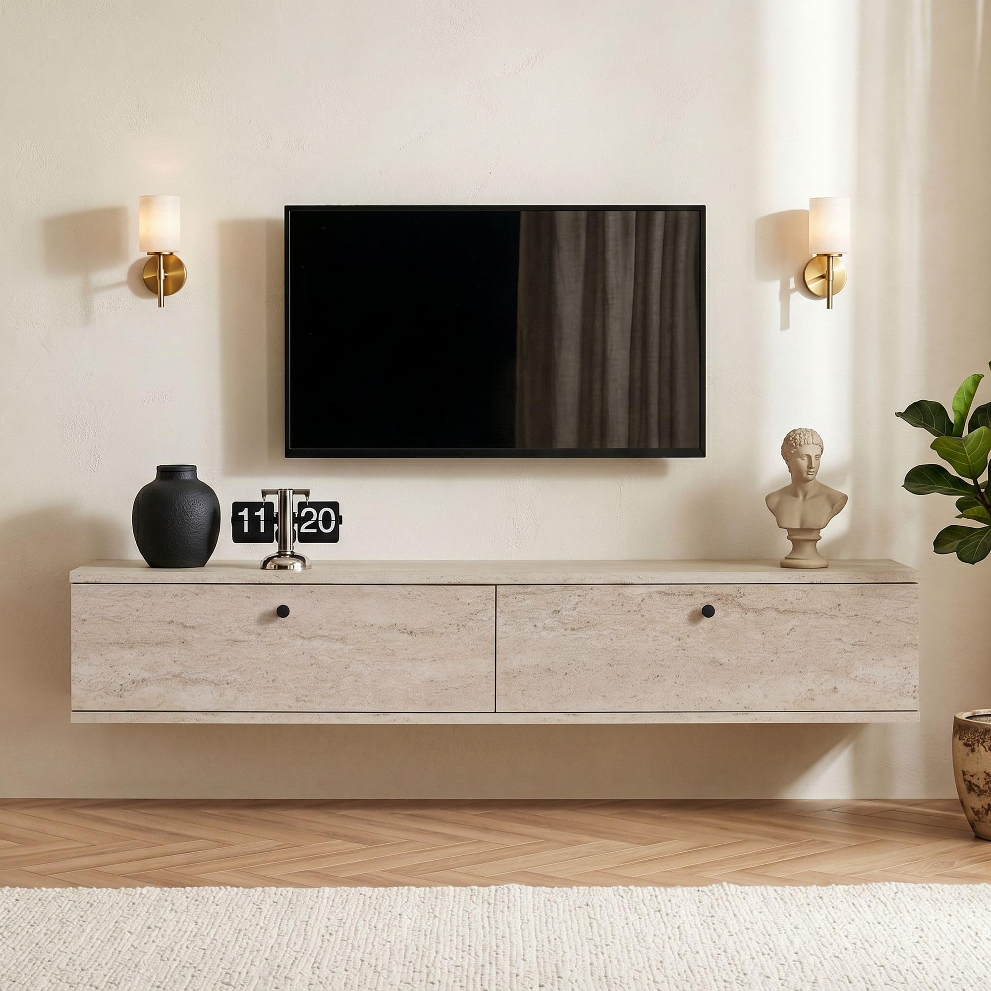 Hanah Home Elegante soporte de TV con aspecto travertino, 140 x 25 x 25 cm, tablero de partículas resistente con revestimiento de melamina, incluye soporte de pared, diseño moderno, capacidad de carga