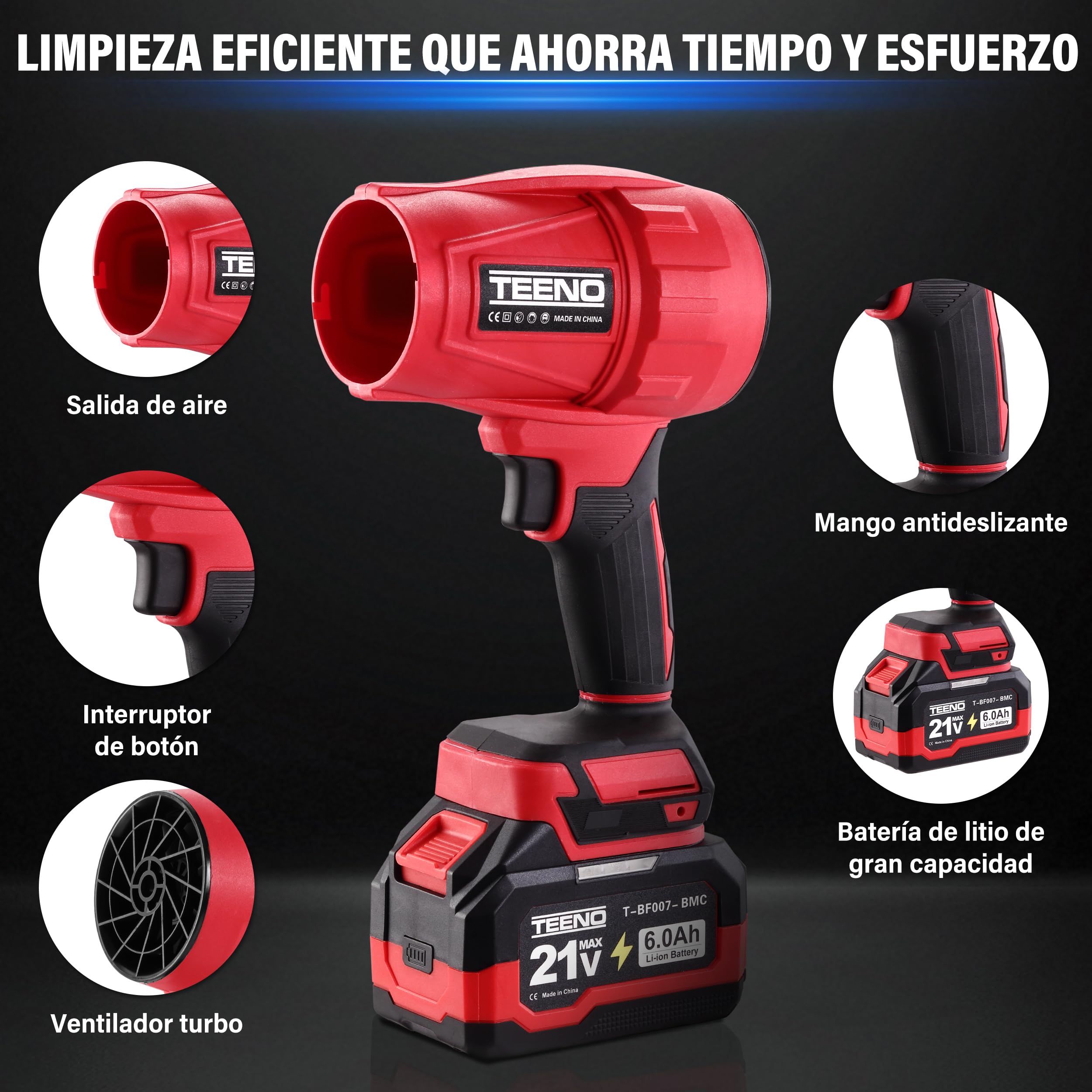 Soplador de hojas inalámbrico TEENO, 31000 TR/Min, 2 x 6,0 Ah baterías, cargador y caja de herramientas, tres modos de velocidad, compatible con baterías Makita, ideal para terraza, callejones y