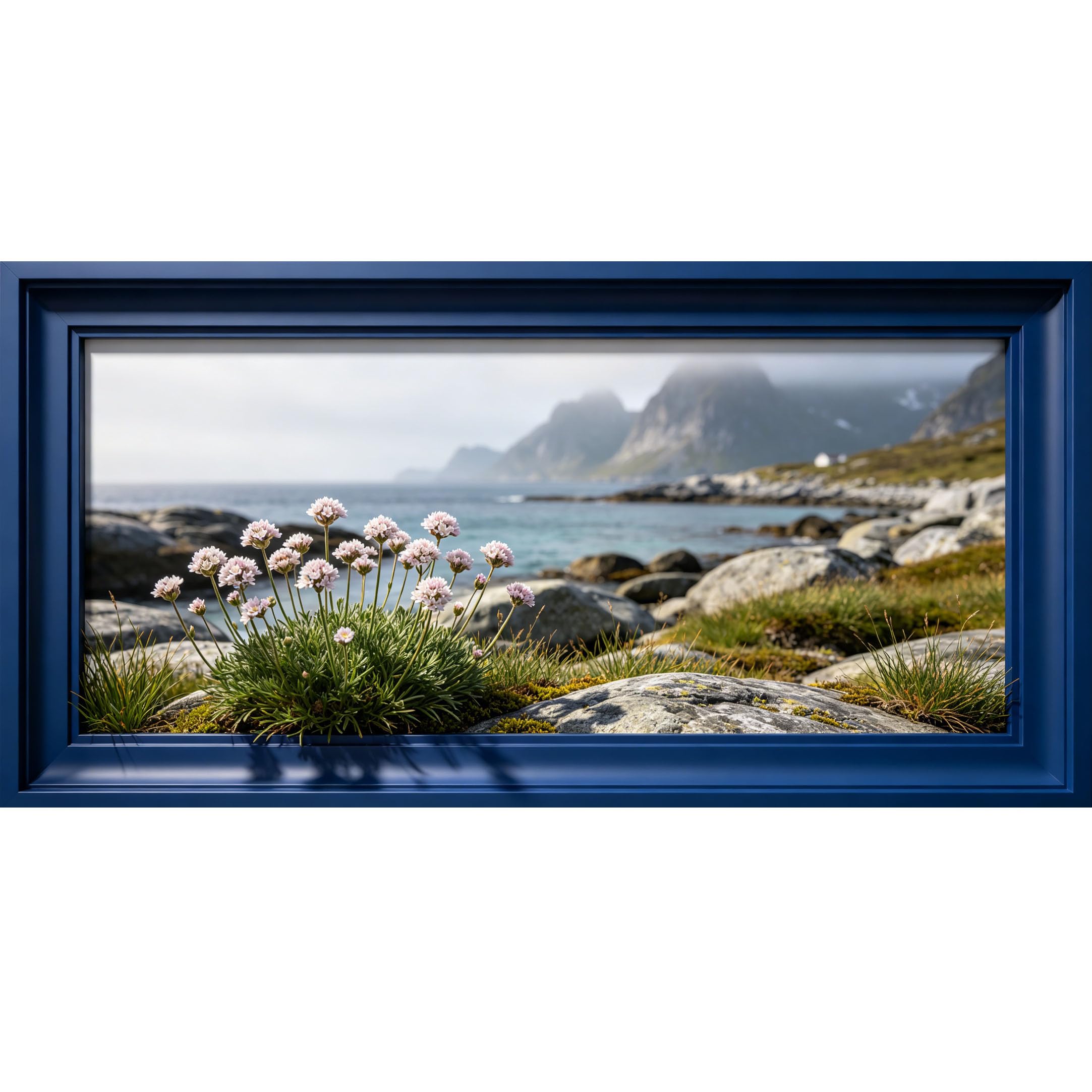 Agglomerix 3D Framed Wall Art Coastal Landscape Mountain Ocean Pink Wildflower Rock Large Size SelfAdhesive Removable Wall Decor Prints Artwork for Living Room Bedroom Office