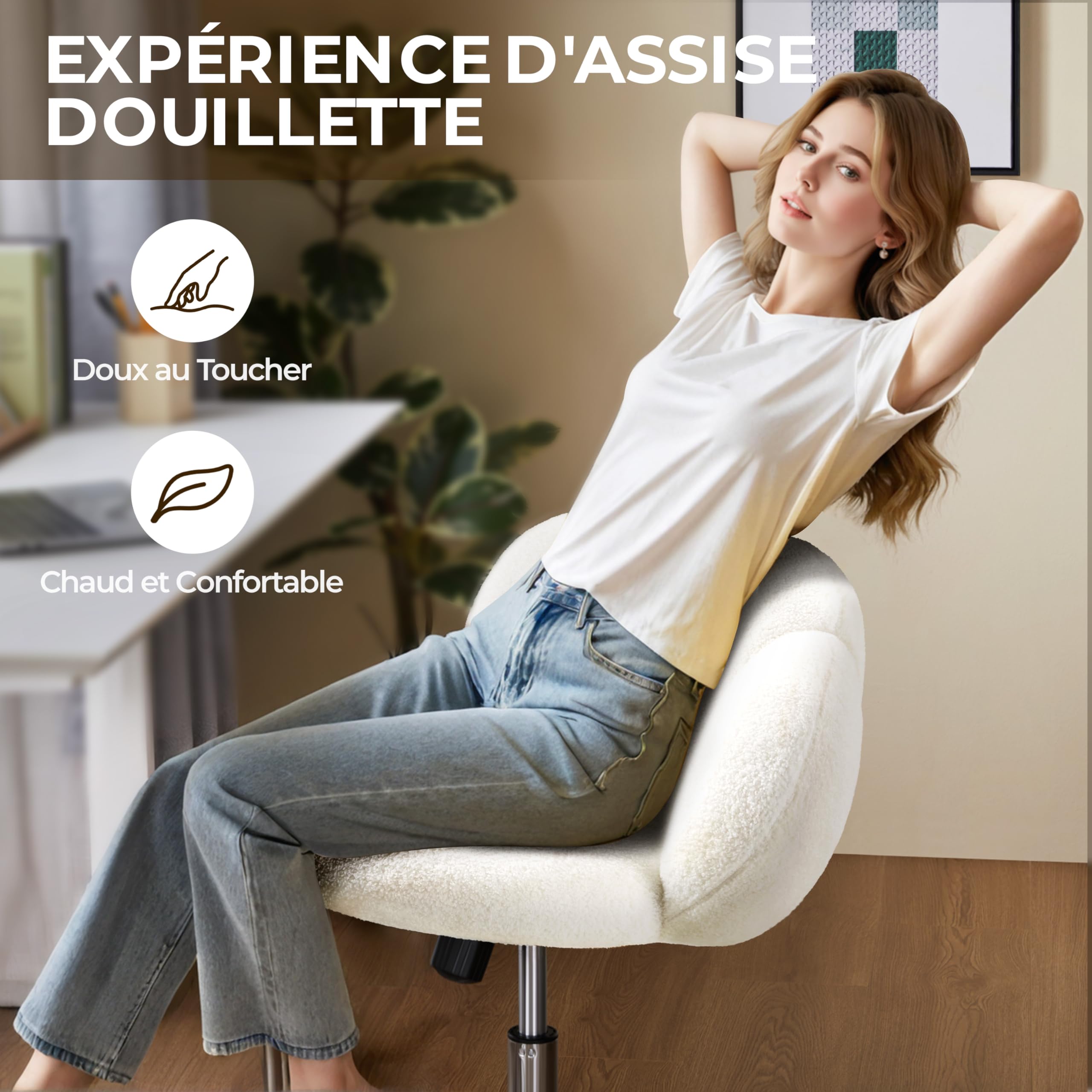 Yaheetech Chaise de Bureau Coiffeuse Pivotante avec Dossier Confort en Nuage Hauteur réglable Fauteuil Maquillage Respirant pour Bureau, Salon, Chambre Capacité 136 kg Blanc Bouclé