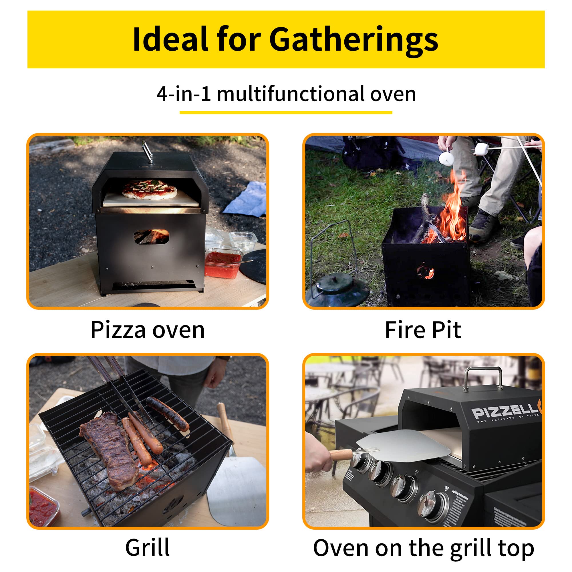 PIZZELLO 4-in-1 Pizzaöfen Holzbeheizter Außenofen mit Pizzastein, Pizzaschieber, Deckel und Grillrost