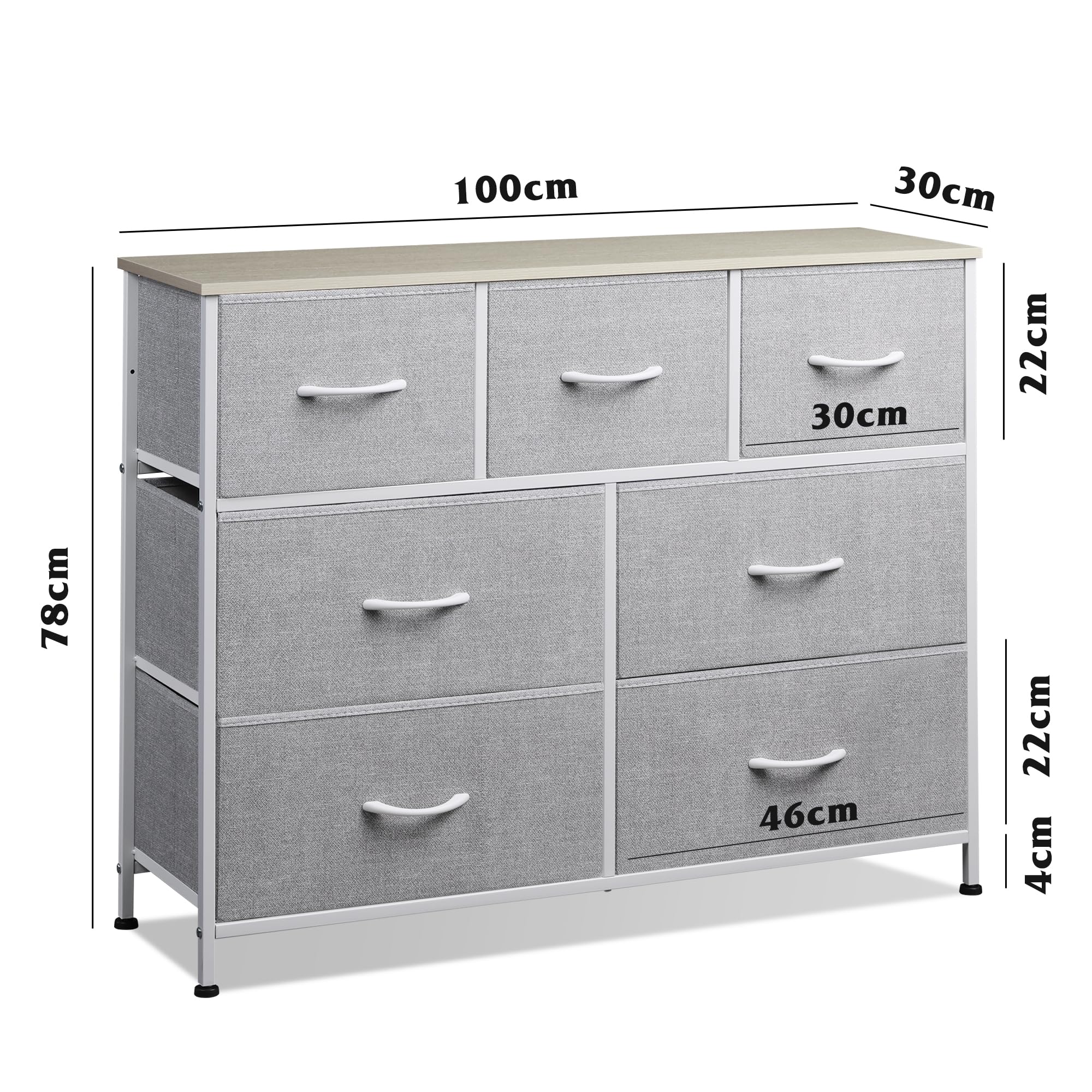 WLIVE Cassettiera con 7 cassetti in tessuto, cassettiera per camera da letto, cassettiera soggiorno, con robusto telaio in acciaio, pannello in legno, grigio chiaro