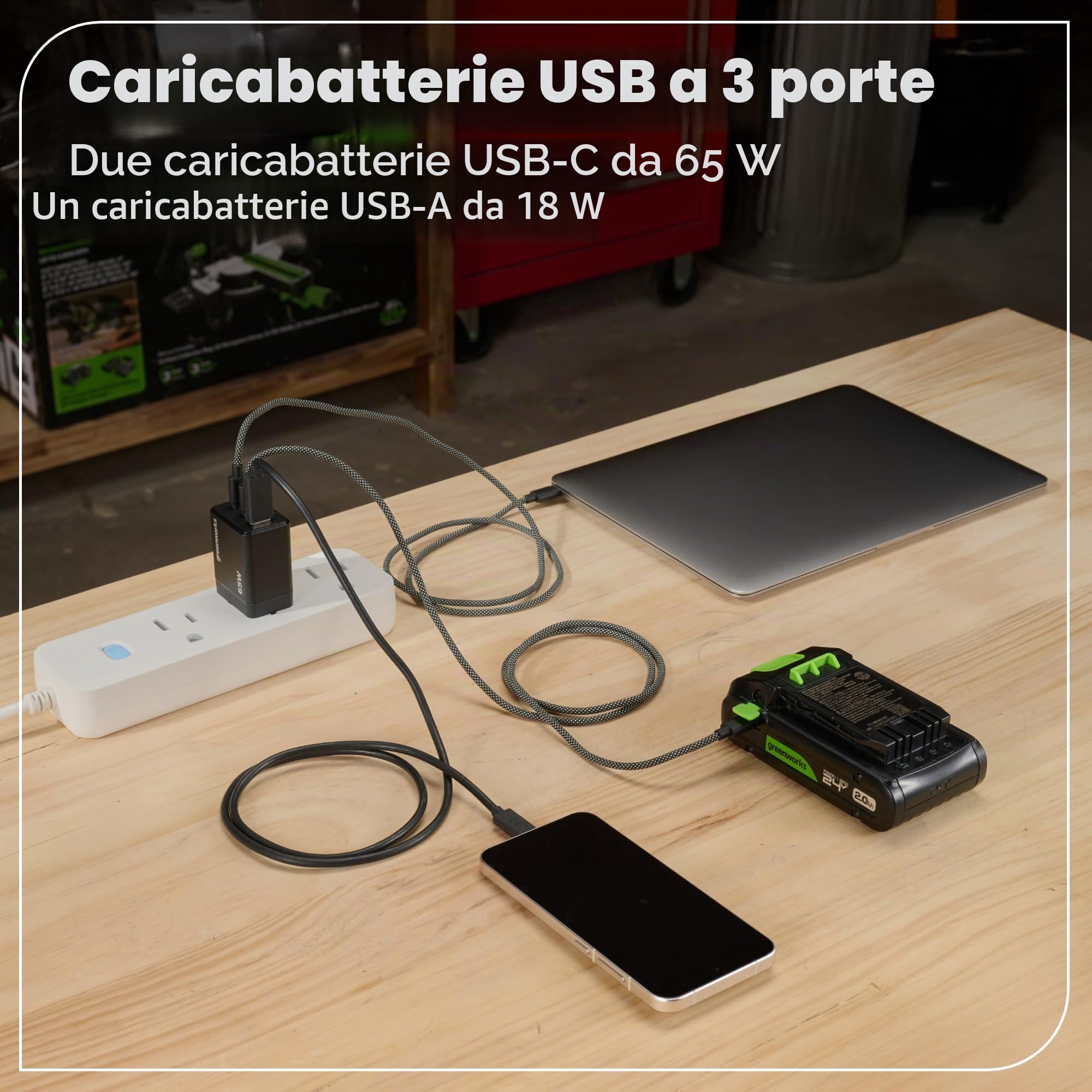 Greenworks 24V Trapano Avvitatore a Batteria 45Nm + 220Nm Avvitatore a impulsi a batteria Brushless, (2) batterie USB-C 2.0Ah (12.000mAh) e caricatore veloce USB-C da 65W (3 porte) CK321