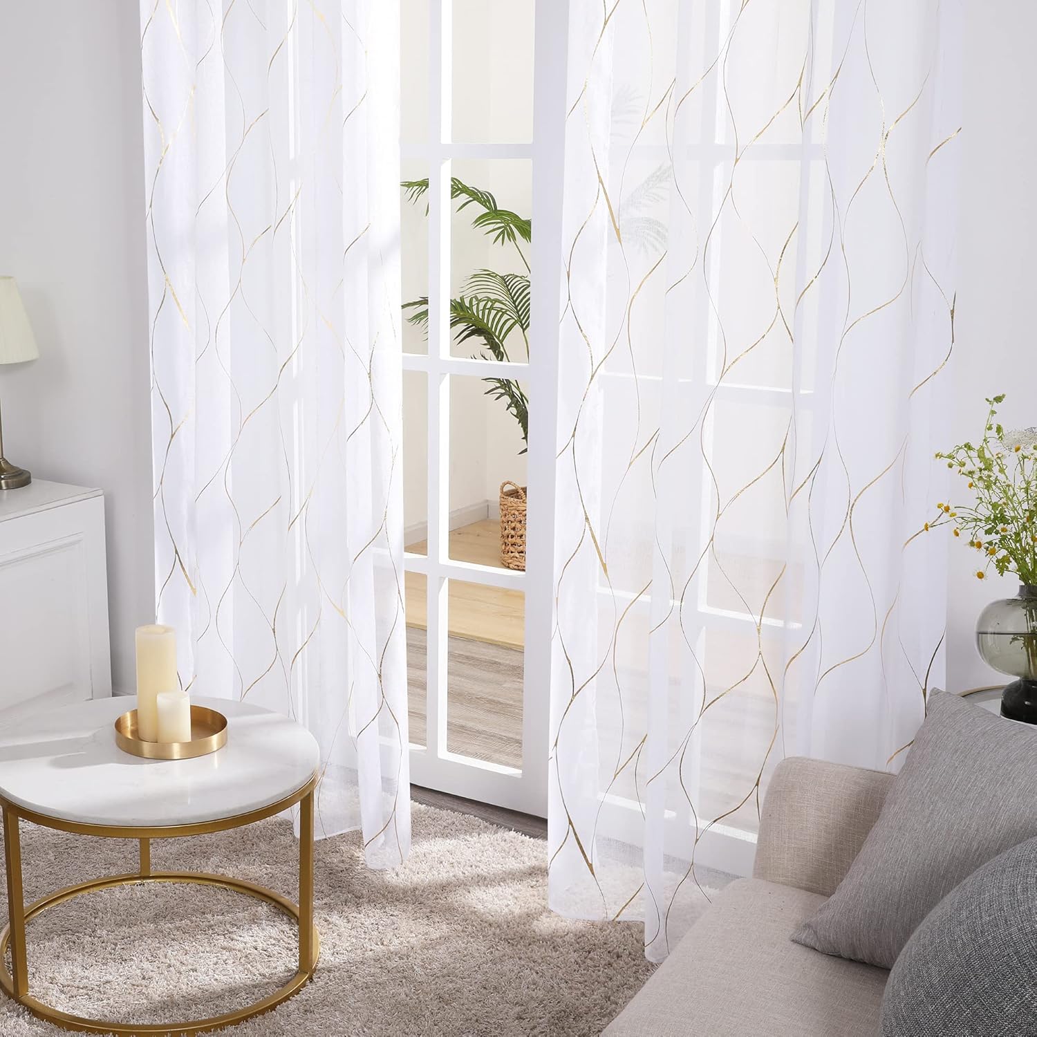 Deconovo Semi Sheer Curtains 2 Panels, 52W x 63L Inch Each, Grommet Top Voile, Light-Filtering Day Privacy, Gold Wave Foil Pattern, Living Room/Bedroom Window Drapes, Easy Hang