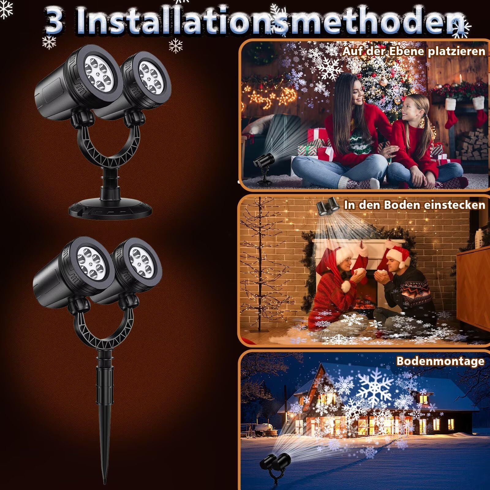 Projektor Weihnachten Aussen, LED Projektor Doppelter Kopf Dynamische Schneeflocken, Weihnachtsdeko Aussen, IP65 Wasserdicht Weihnachtsbeleuchtung, außen für Garten Party