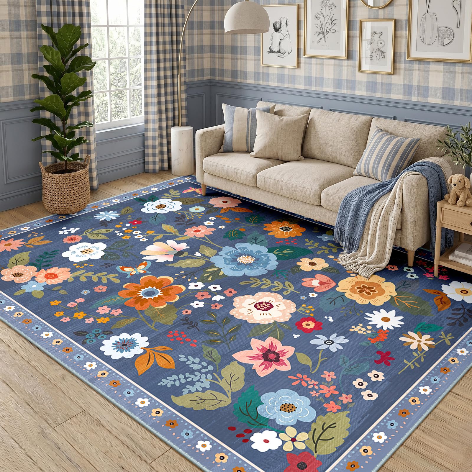 DEFYNEE Machine Washable Rugs Living Room, 180×270cm Floral Rug, Non-Slip Low Pile Boho Vintage Floral Carpet with Printed Design for Kids Room, Bedroom, Kitchen, Entryway, Lounge, Blue/Grey