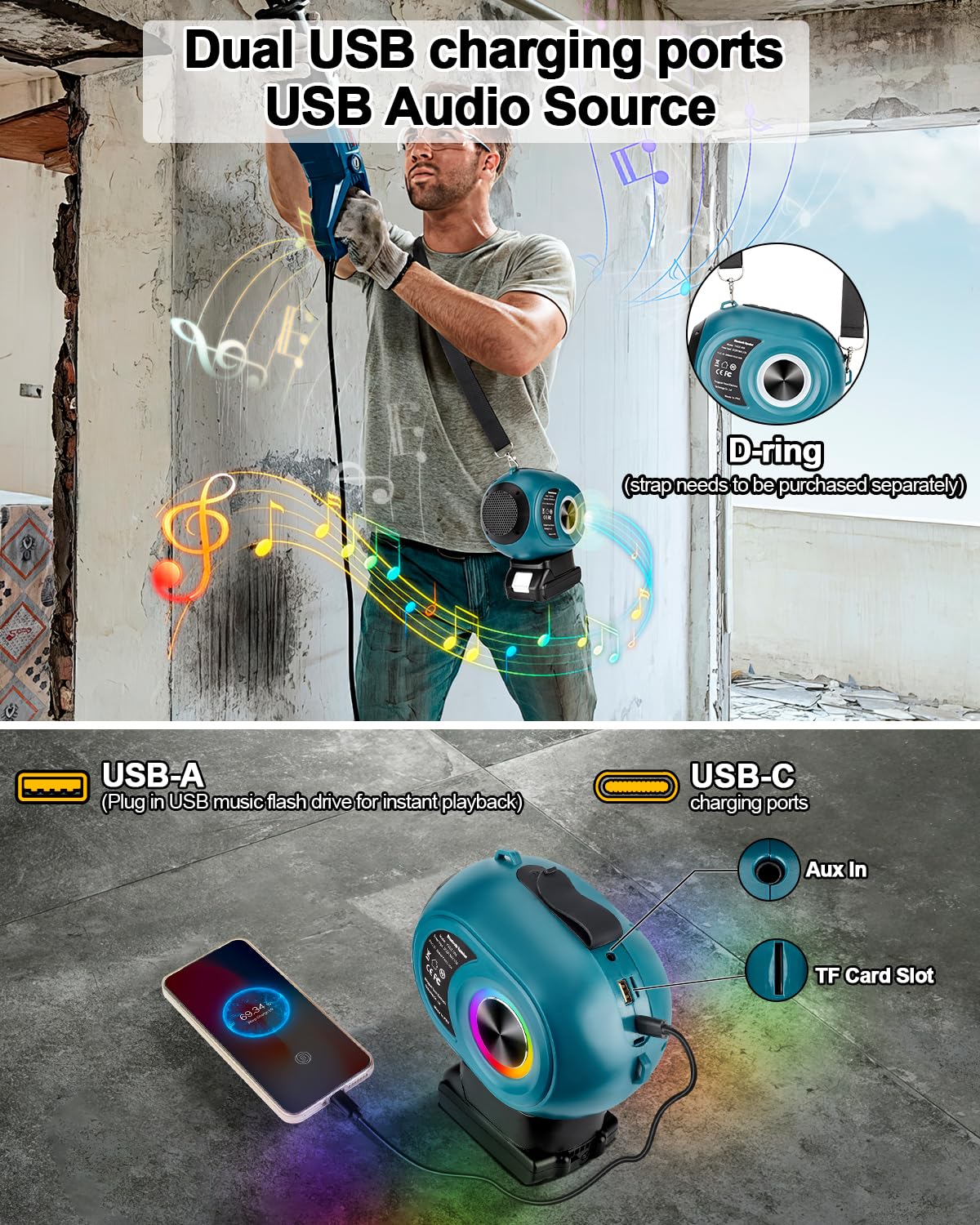 Adisipsoarin Altavoz Bluetooth para batería Makita LXT de 18 V, altavoz inalámbrico con sonido HD, emparejamiento TWS, Bluetooth 5.3, para lugares de trabajo/hogar/fiesta/al aire libre/playa/regalo