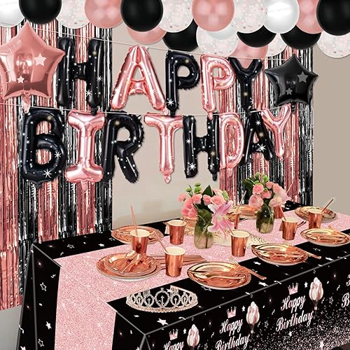 Miniatura 15 de Decoraciones de fiesta de oro rosa y negro – Cartel de feliz cumpleaños, globos, cortinas de flecos, mantel y decoración de pastel para niñas de 1