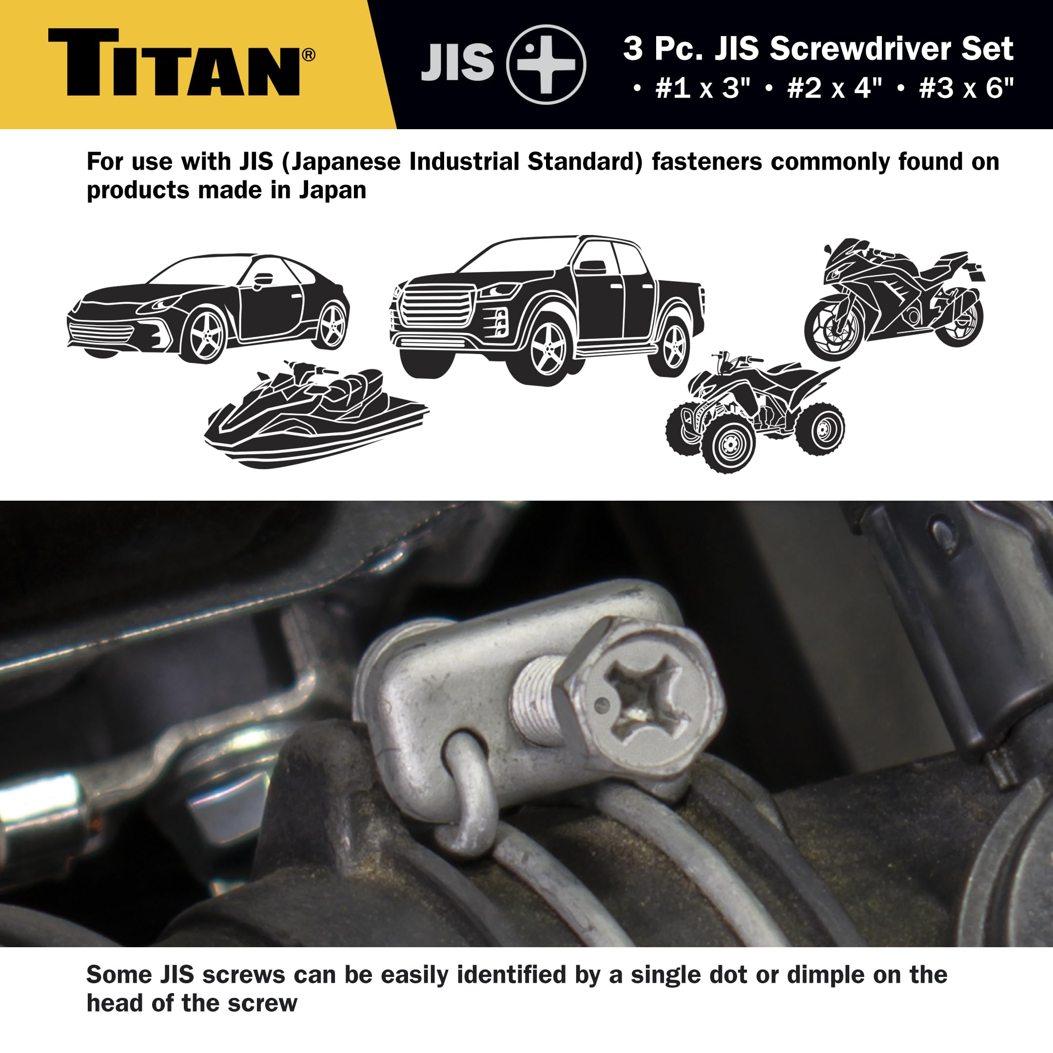 Titan 65885 JIS - Set di 3 cacciaviti con punte magnetiche, include #1 x 3", #2 x 4", #3 x 6" - Progettato per viti standard giapponesi, compatibile con auto, camion e moto di fabbricazione giapponese