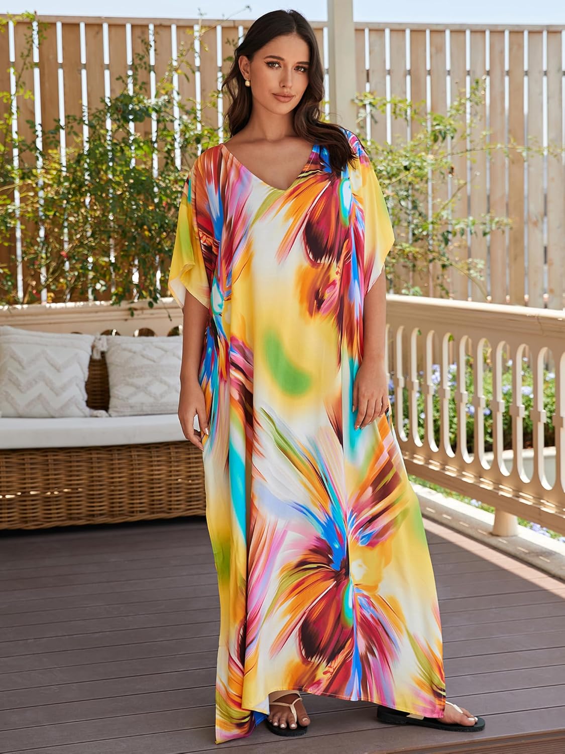 Moss Rose Women Summer Caftan Coverups Dress Kimono Beach Vacation Wear V Neck Print Maxi Boho Dress - Image 4