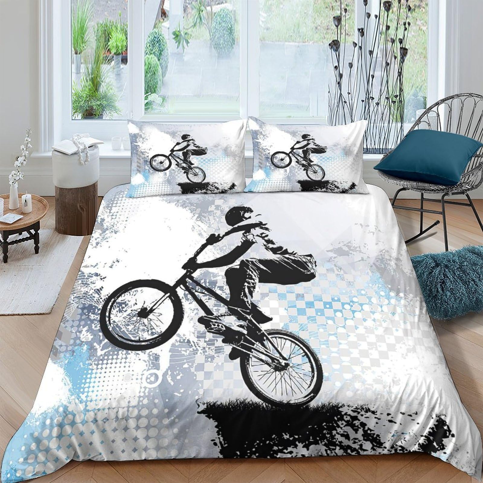 Ctjqhvkz Style-4 3D Printed Bmx Bike Fitted Sheet Microfiber Black White Extreme Sport Mattress Cover For Bedroom Dorm Decor Single（135X200cm）